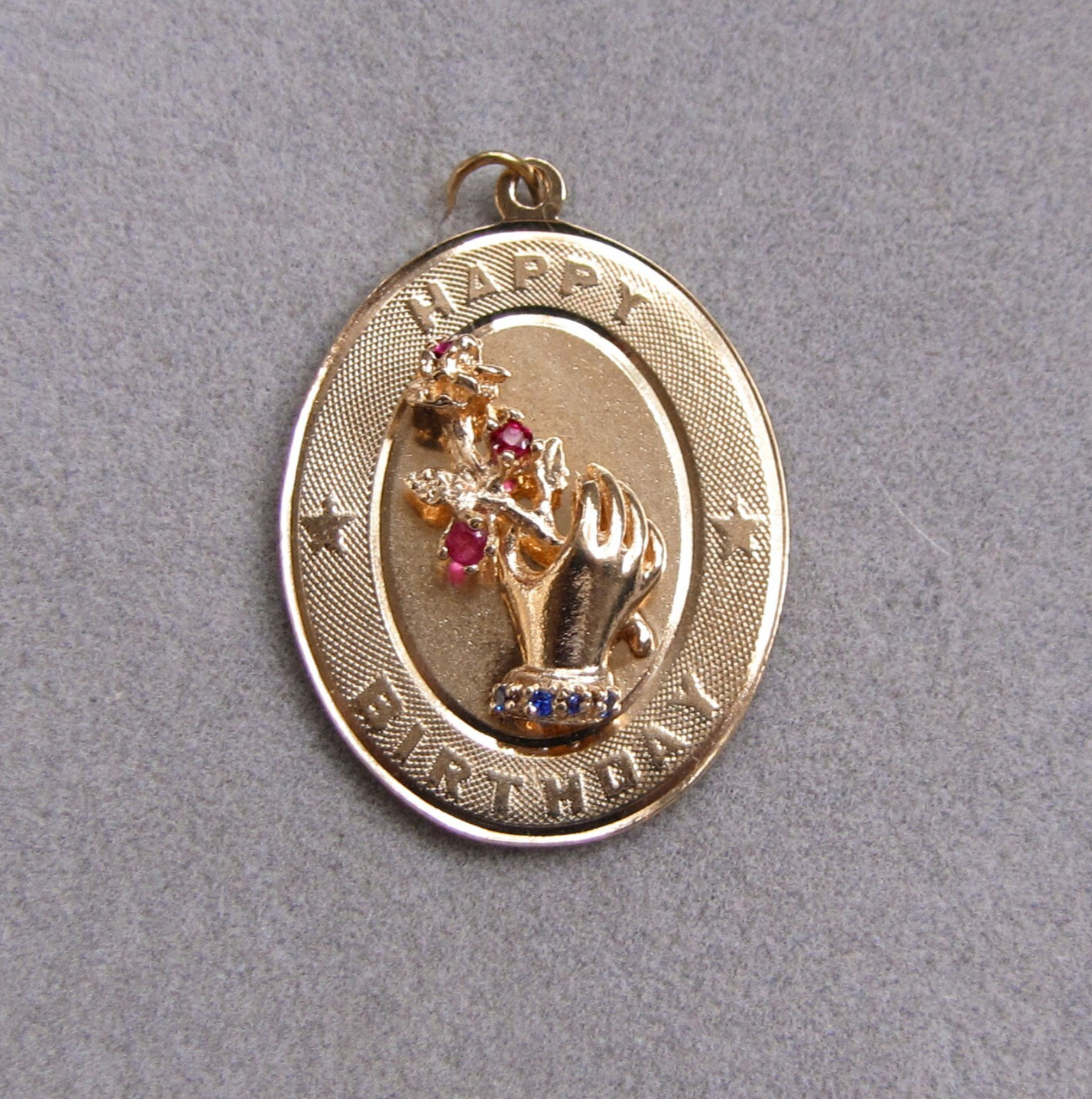 Vtg. Lg. 14K Ruby & Sapphire “Happy Birthday” Charm w/ Hand & Rose — 6.3 grams