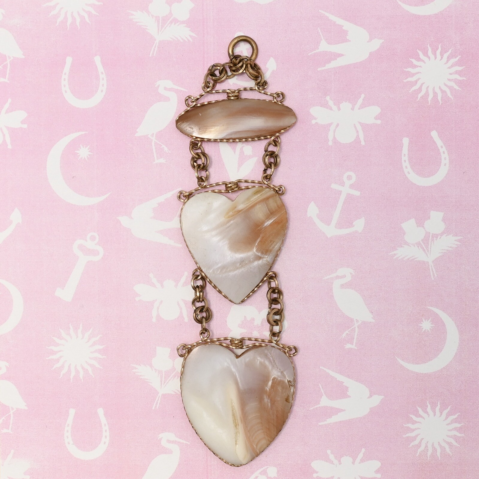 Antique Victorian LARGE 4″ Heart MOP Mother of Pearl Yellow Gold Filled Pendant