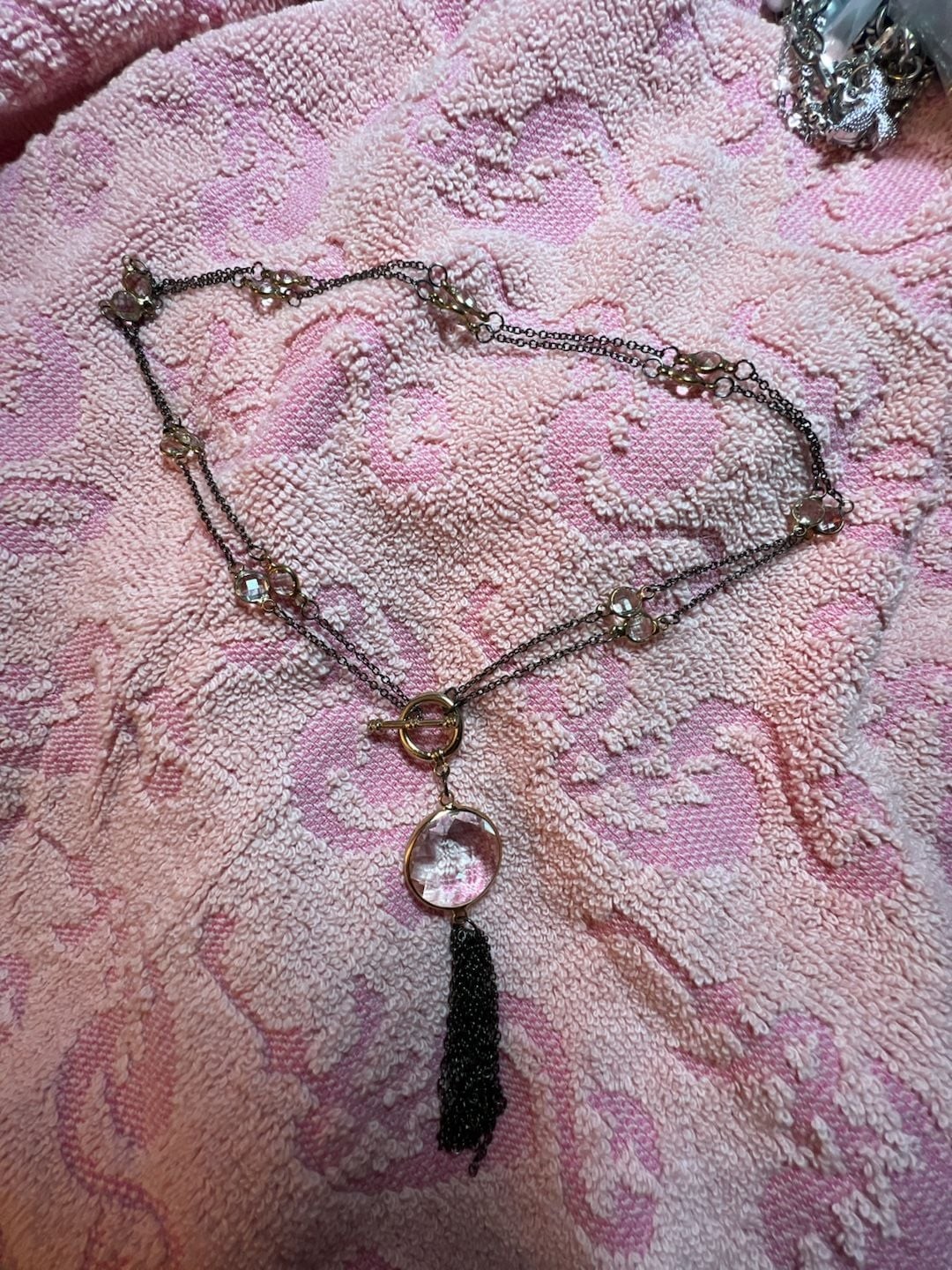 Vintage Multistrand Necklace with Faceted Crystal Pendant and Tassel