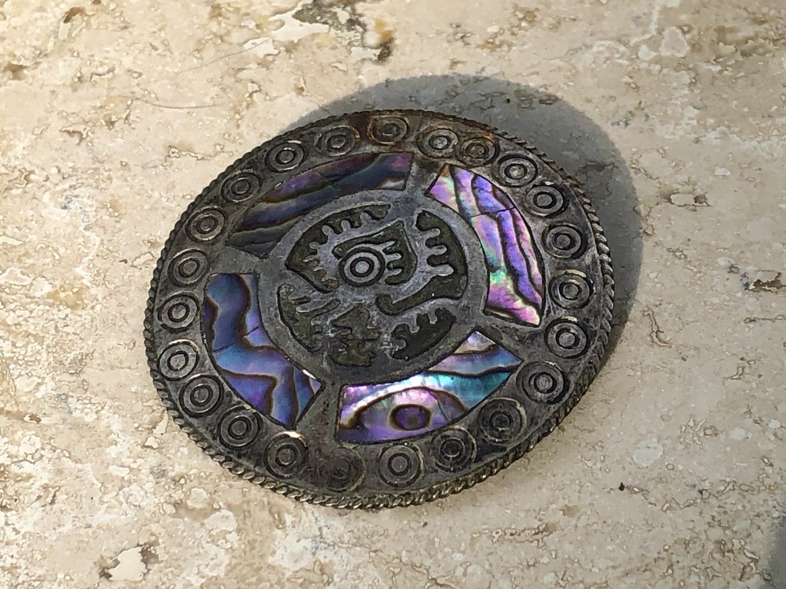 🌈 ✨VTG TAXCO Mexico 925 Sterling Silver TRB RAINBOW ABALONE Aztec Sun Pendant