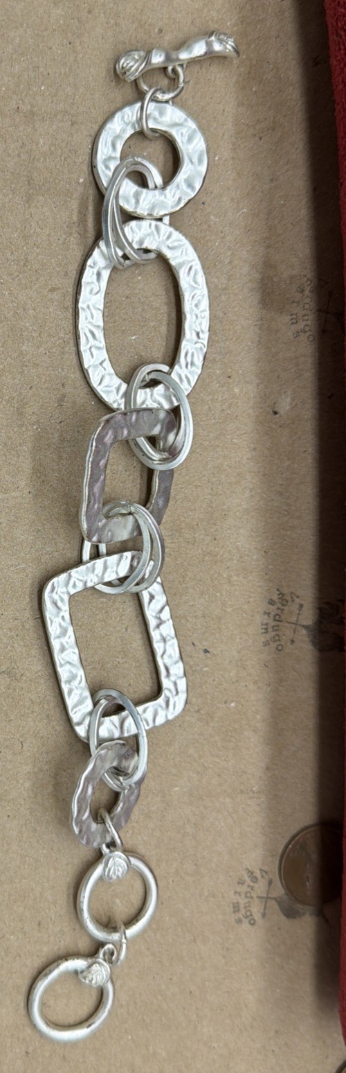 VINTAGE 44g .925 Sterling Silver Hammered Organic Link Bracelet Rose Toggle~8.5″