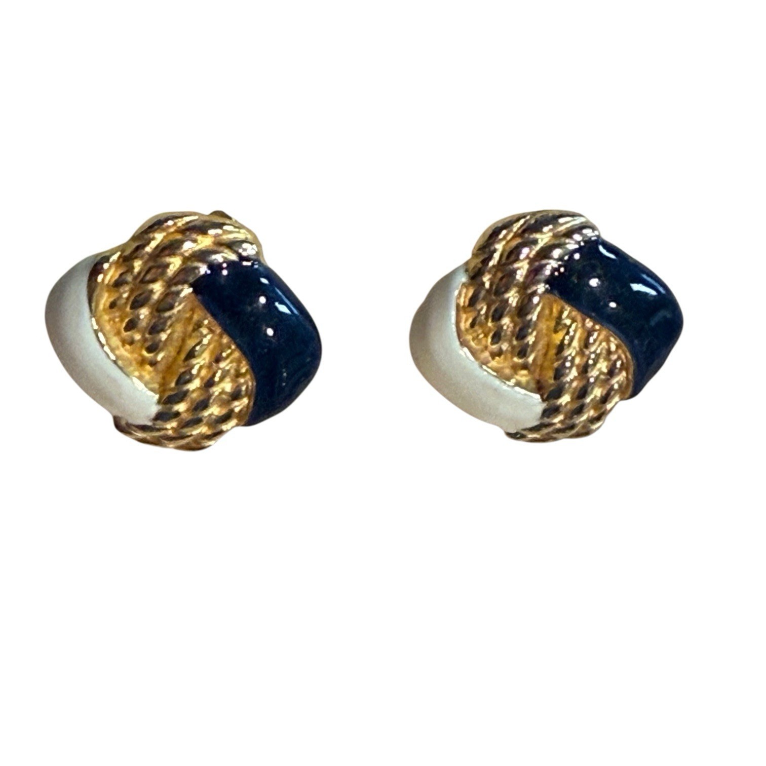 GAY BOYER Gold Tone & Navy Clip On Earrings Enamel Cream Navy 90s Fashion Retro