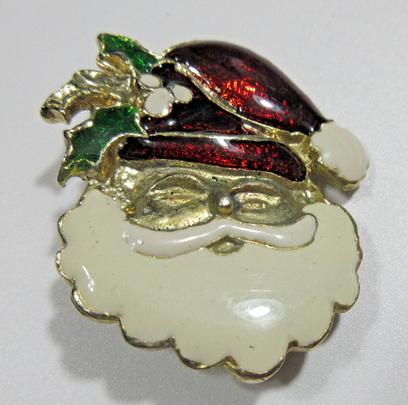 Vtg Modern Santa Claus Hat leaf CHRISTMAS Brooch Pin off white red gold tone
