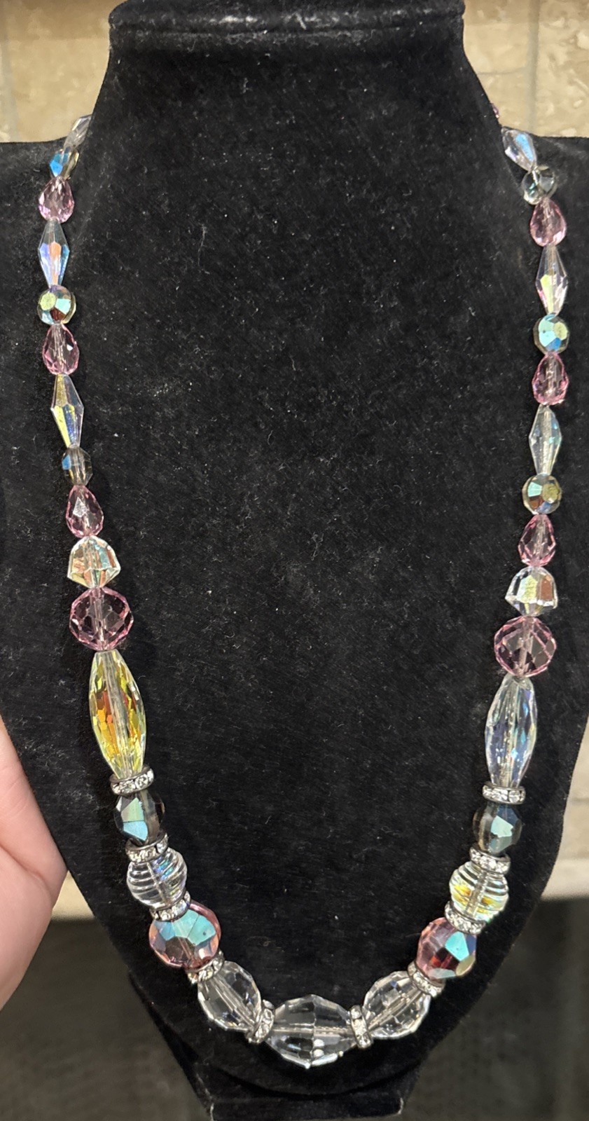 Vintage Stunning Pink Clear Ab Crystal Bead Rhinestone Necklace 21”