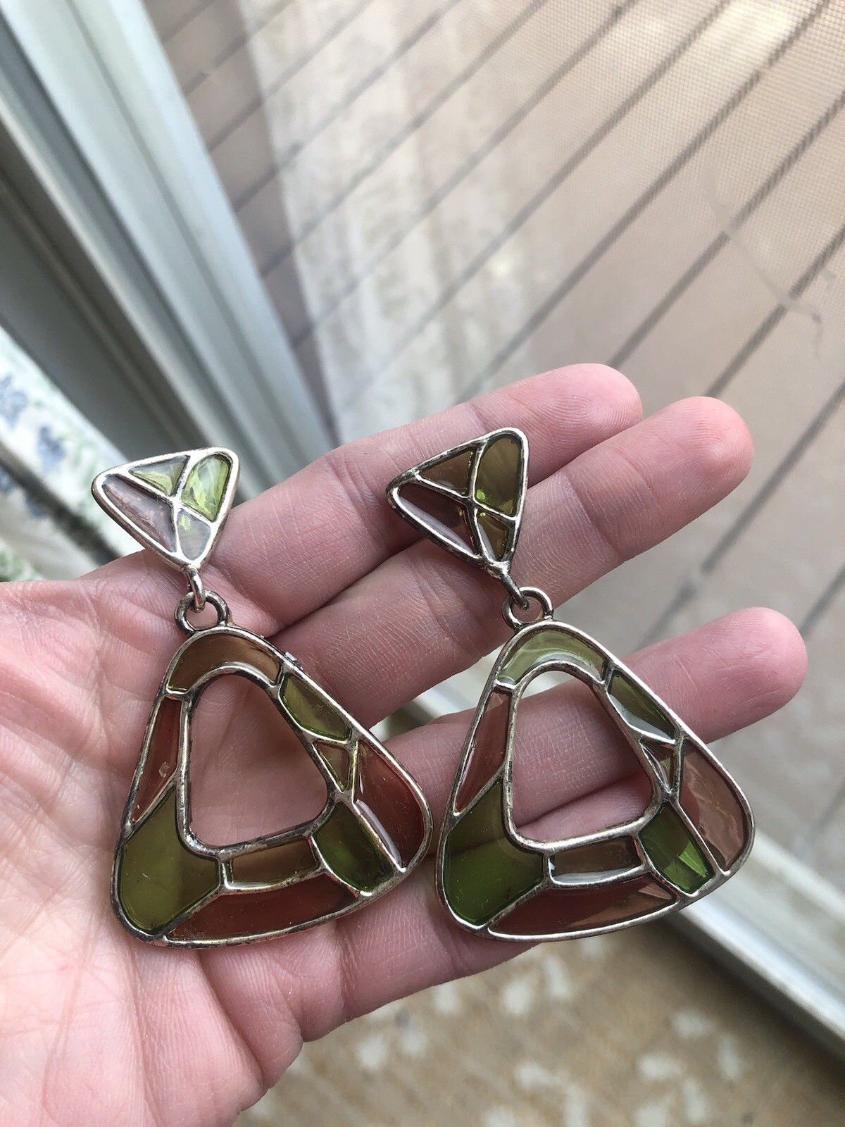 Vintage Mosaic-like Triangular Drop Dangle Earrings Green Brown Earthtones
