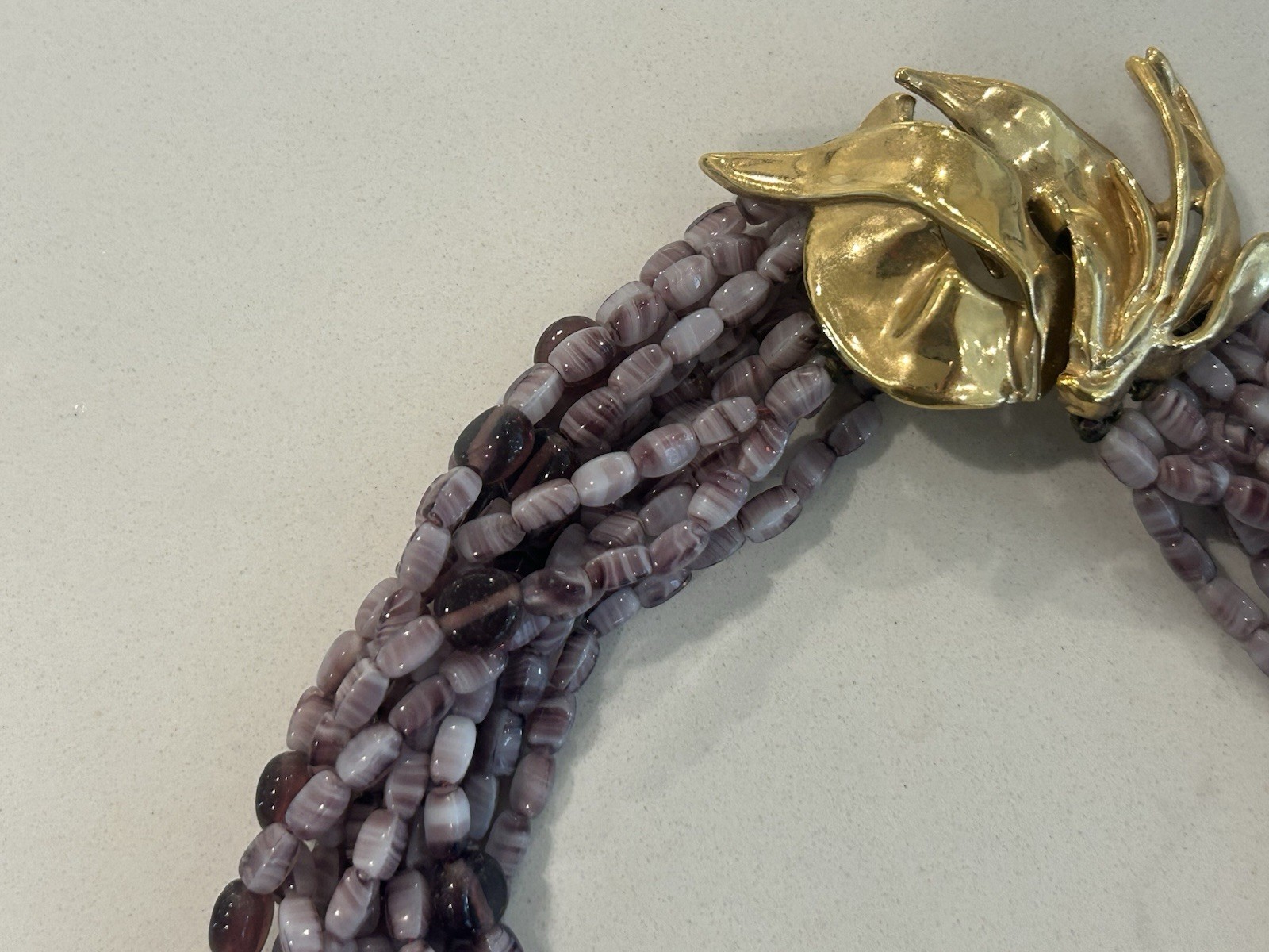 Vintage Ciner Torsade Necklace Amethyst Purple Glass Bead Sculptural Gold Clasp