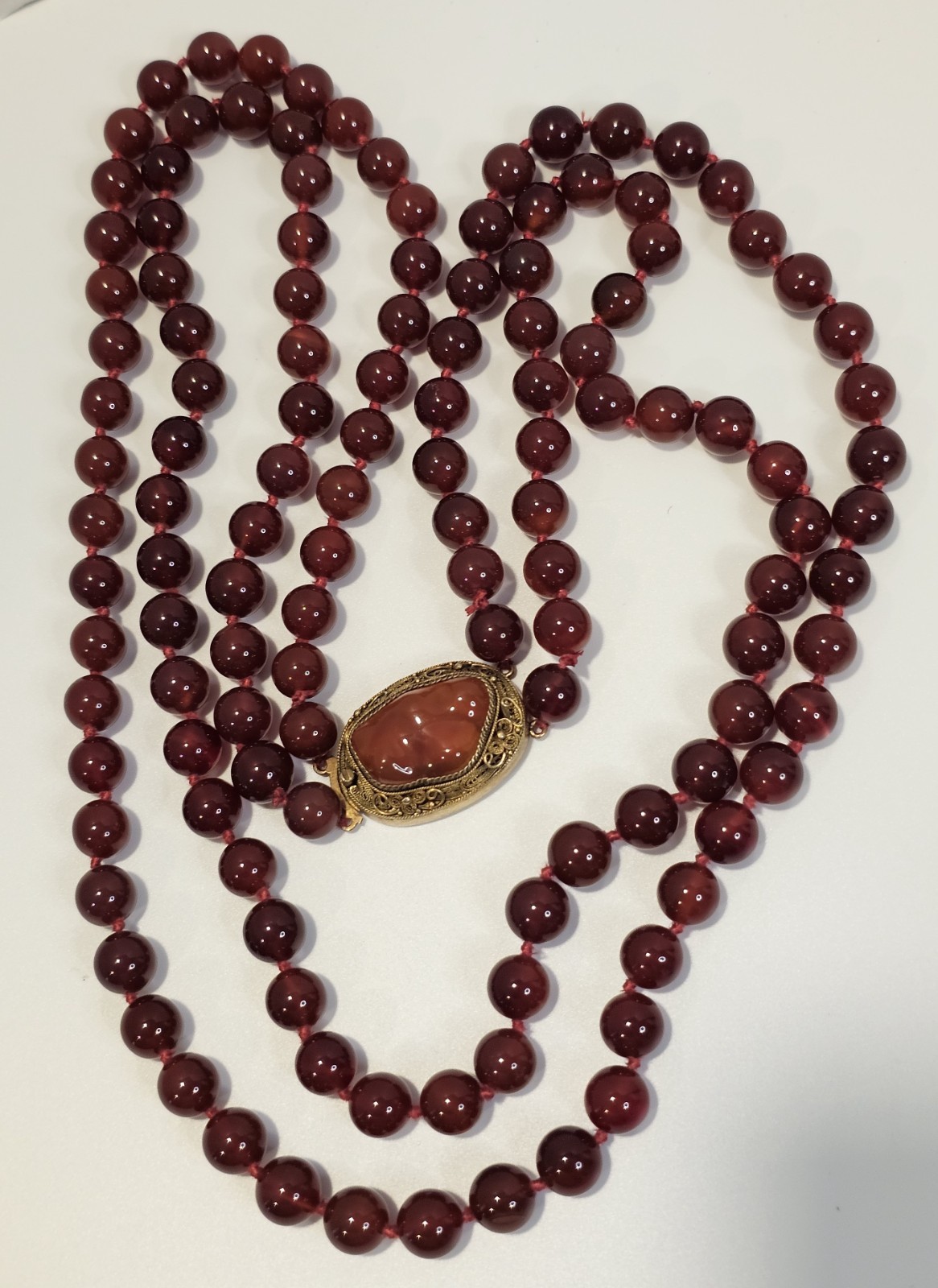 Vintage Carnelian bead necklace sterling gold wash filigree clasp