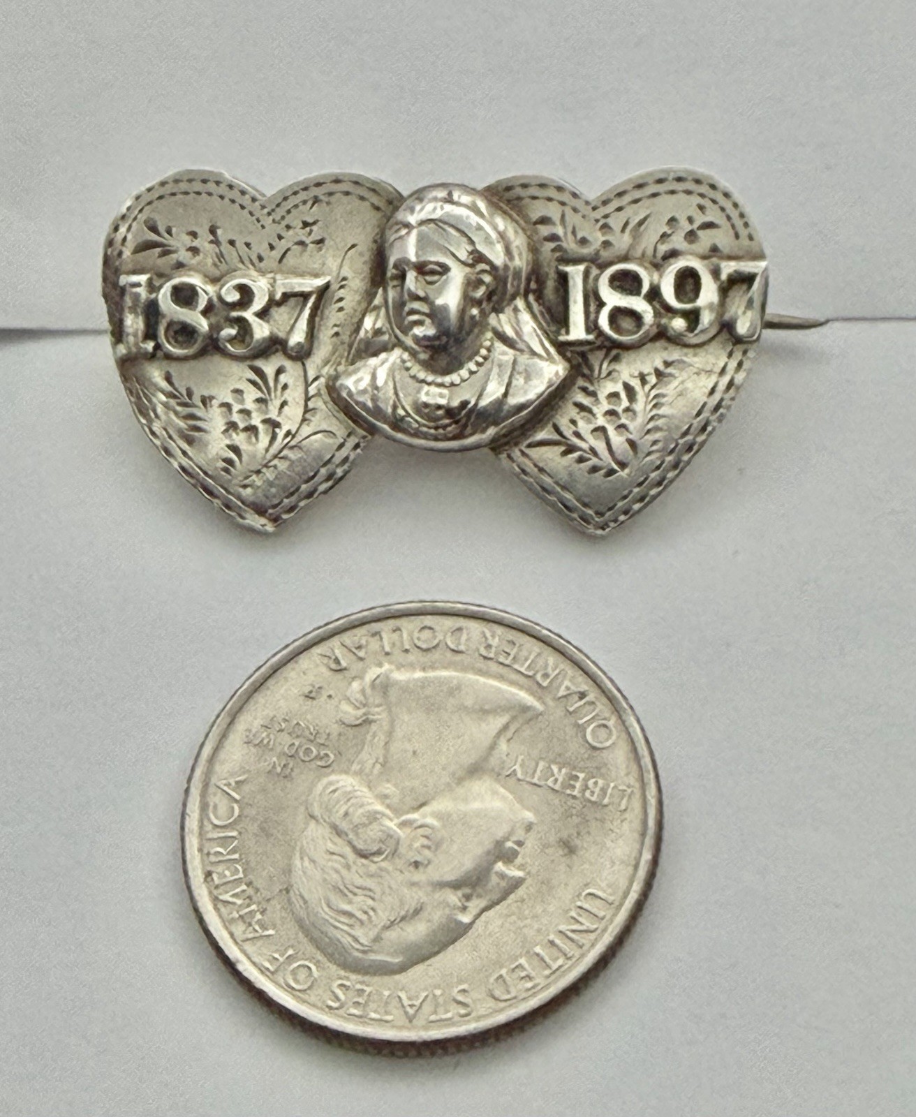 Antique Victorian Queen’s Jubilee Double Hearts & Victorian Bust Sterling Brooch