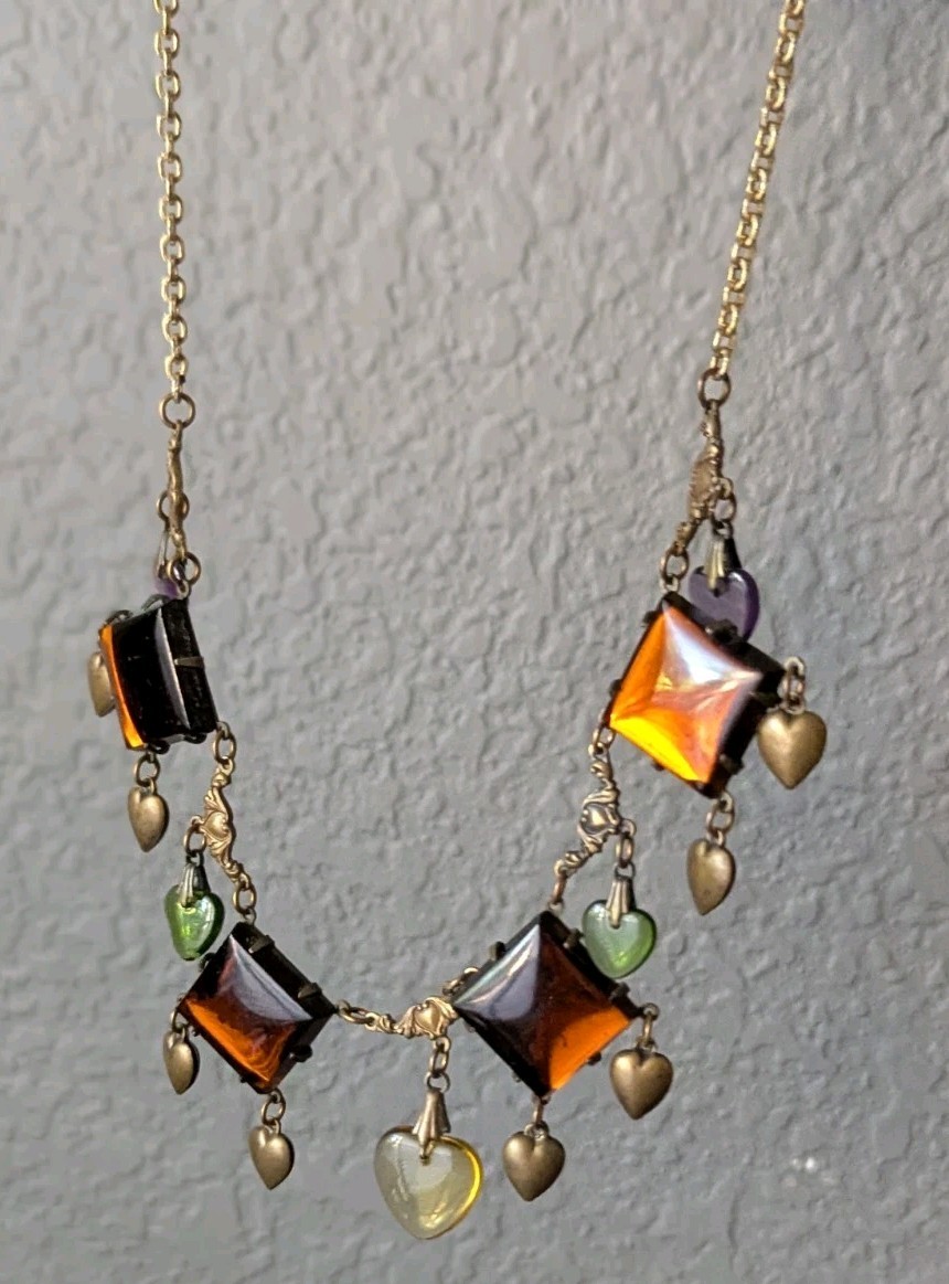 Vtg Art Glass Works Studio Brass Heart Charm Statement Necklace Amber Multi