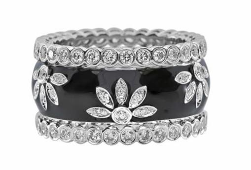 LARGE 1.52CT DIAMOND & BLACK ENAMEL 18K WHITE GOLD MULTI FLOWER ANNIVERSARY RING