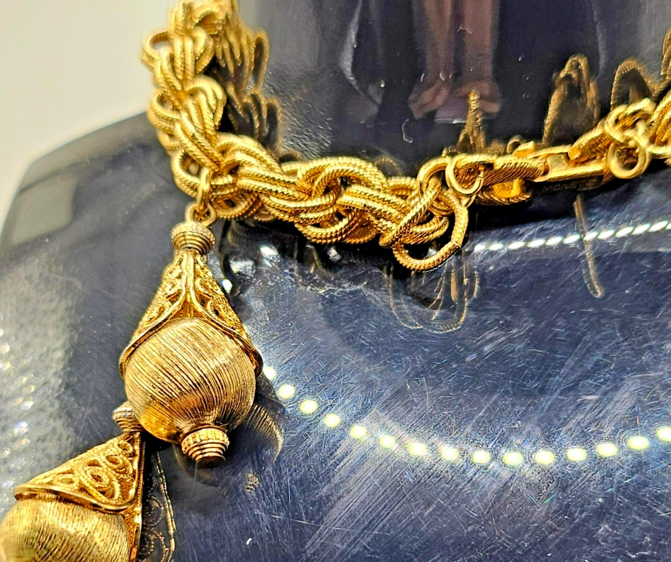 Vintage Monet Bolero Bracelet with two Filigree Etruscan Style Charms Gold Tone