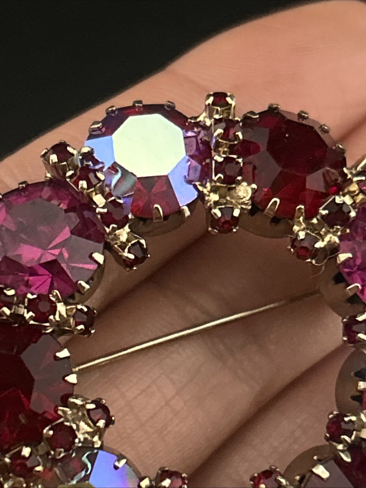 Vintage Karu Arke Inc. Fuchsia Ruby Red Aurora Borealis Rhinestone Brooch Pin