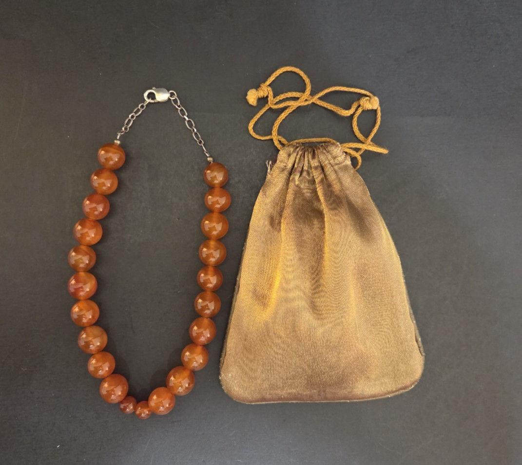 Vintage Resin Amber Necklace Orange Brown. Sterling Silver 925 clasp. 17″ w/bag