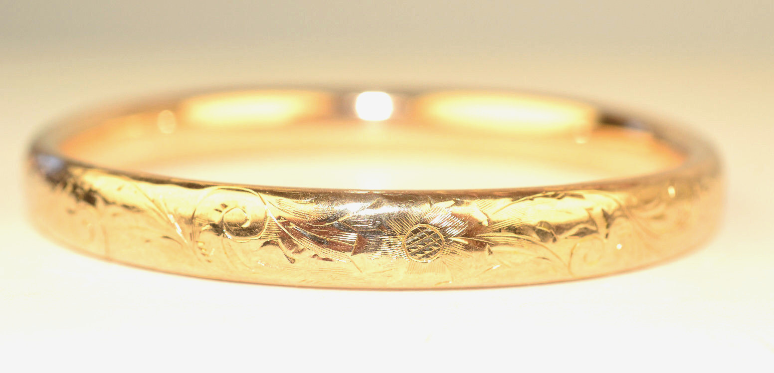 ANTIQUE 1912 10K YELLOW GOLD ETCHED DESIGN HINGED BANGLE BRACELET OPENS 13.7 gr.