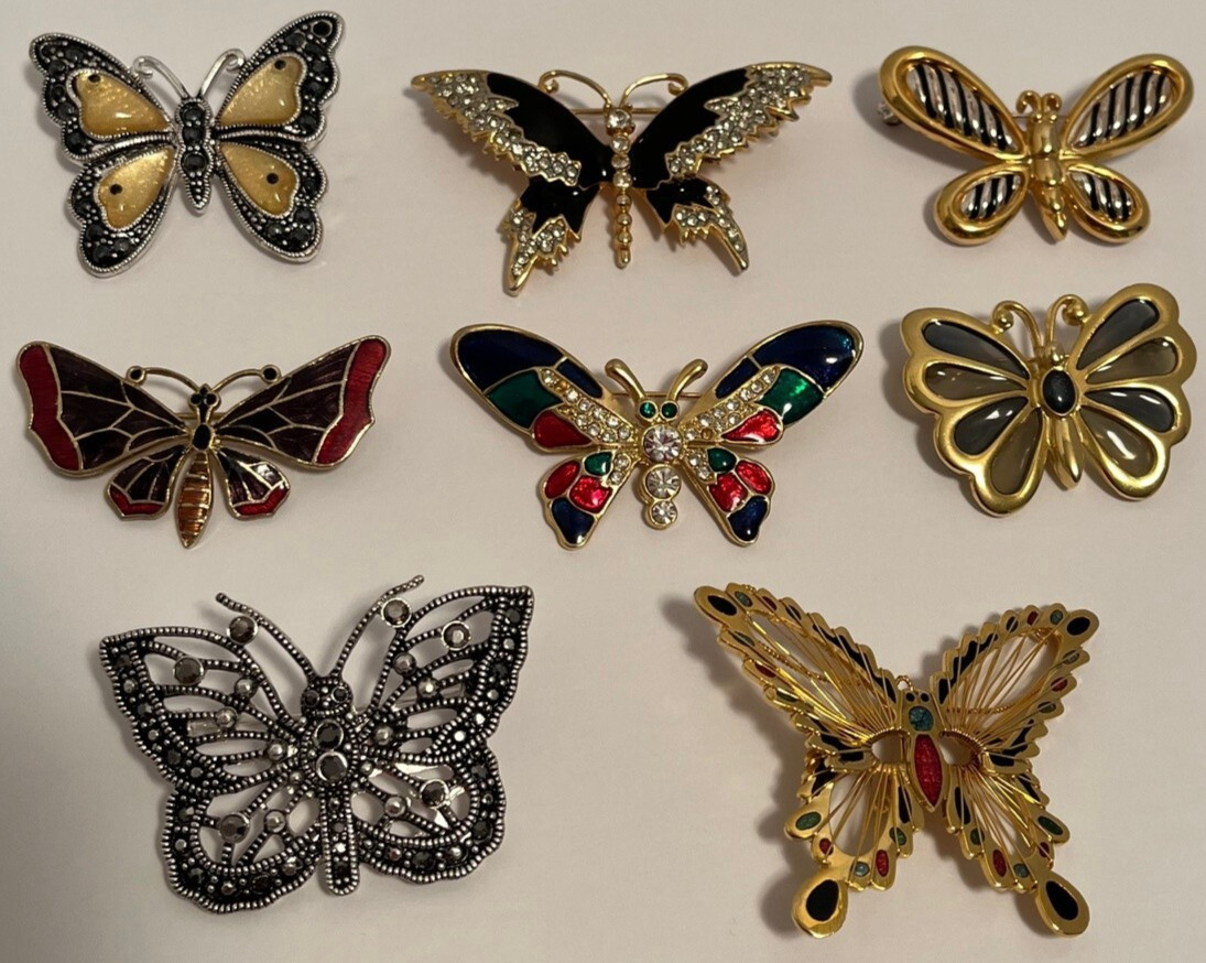 Butterfly Costume Jewelry Enamel Rhinestones Brooches Qty 8 Excellent