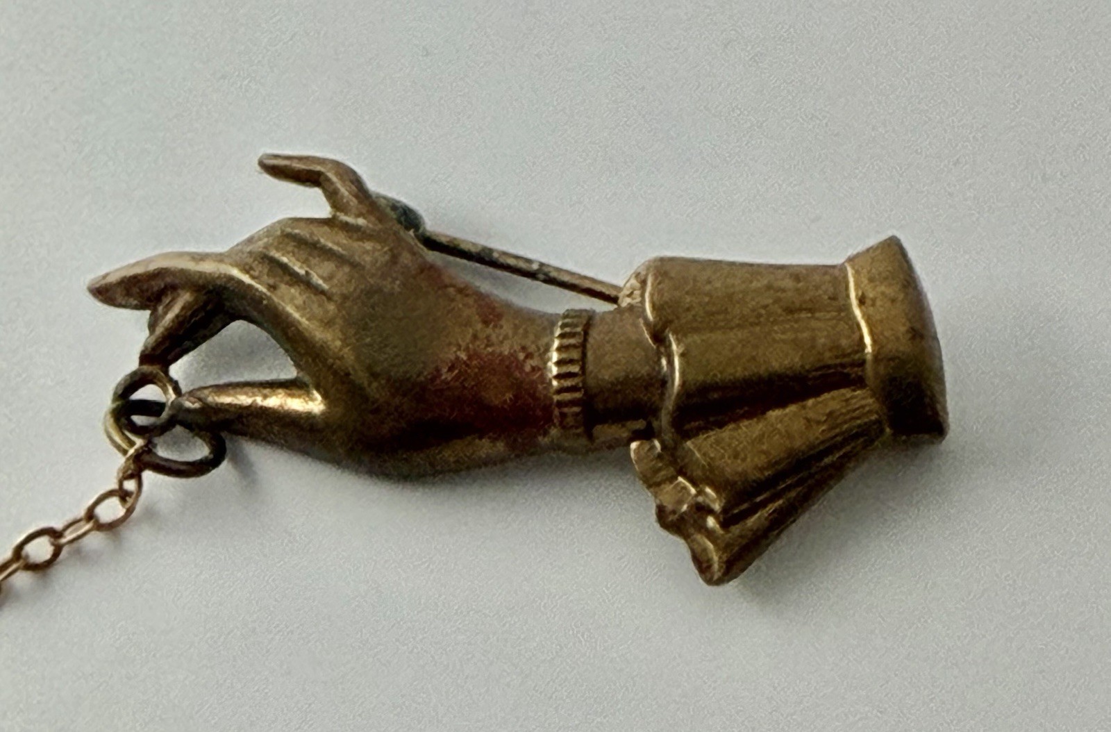 Antique Victorian Brass Hand Holding a Dangling Engraved Mini Heart Pin Brooch