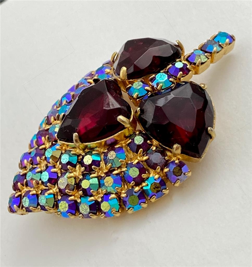 Vintage Red Heart Faceted Glass Leaves & AB Red Rhinestones Fruit Brooch Pin