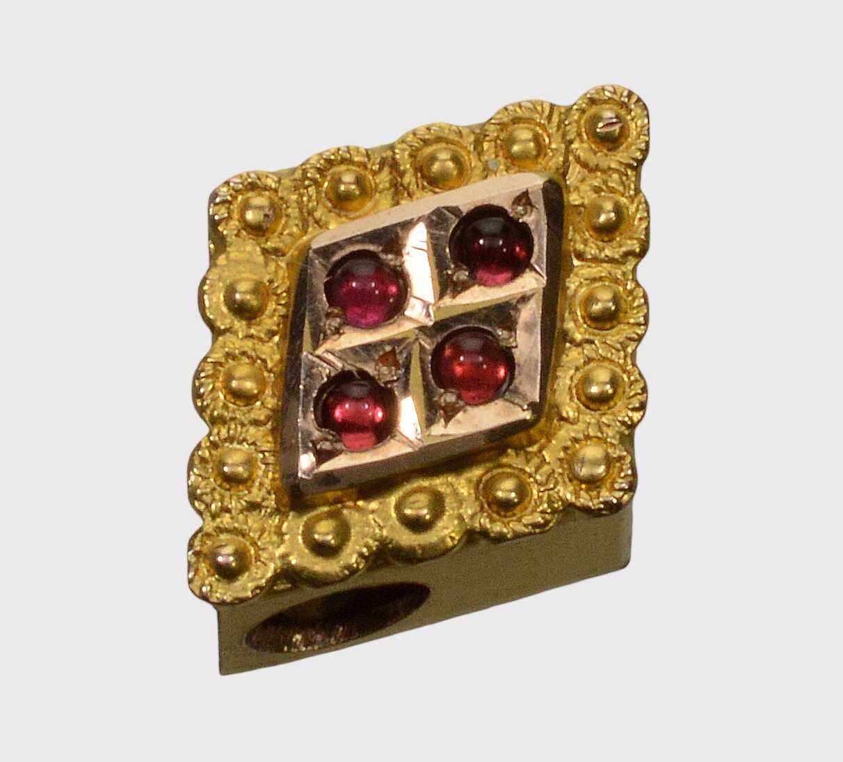 ANTIQUE VICTORIAN 14K GOLD SLIDE CHARM GARNET ETRUSCAN REVIVAL C.1890 003728