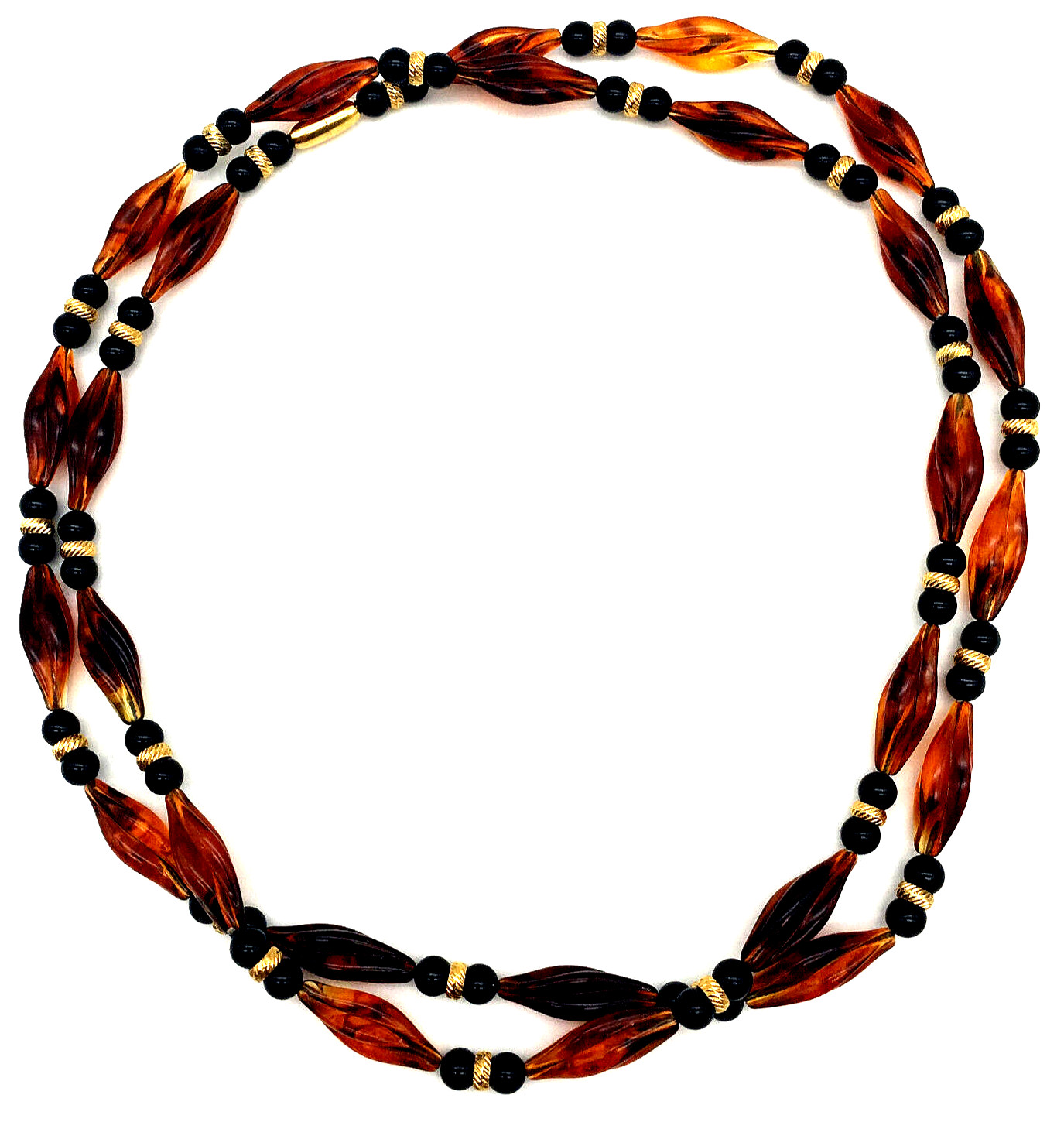 Vintage Honey Amber Twisted/Black Onyx Beads 14K Gold Fill Spacers 38″ Necklace