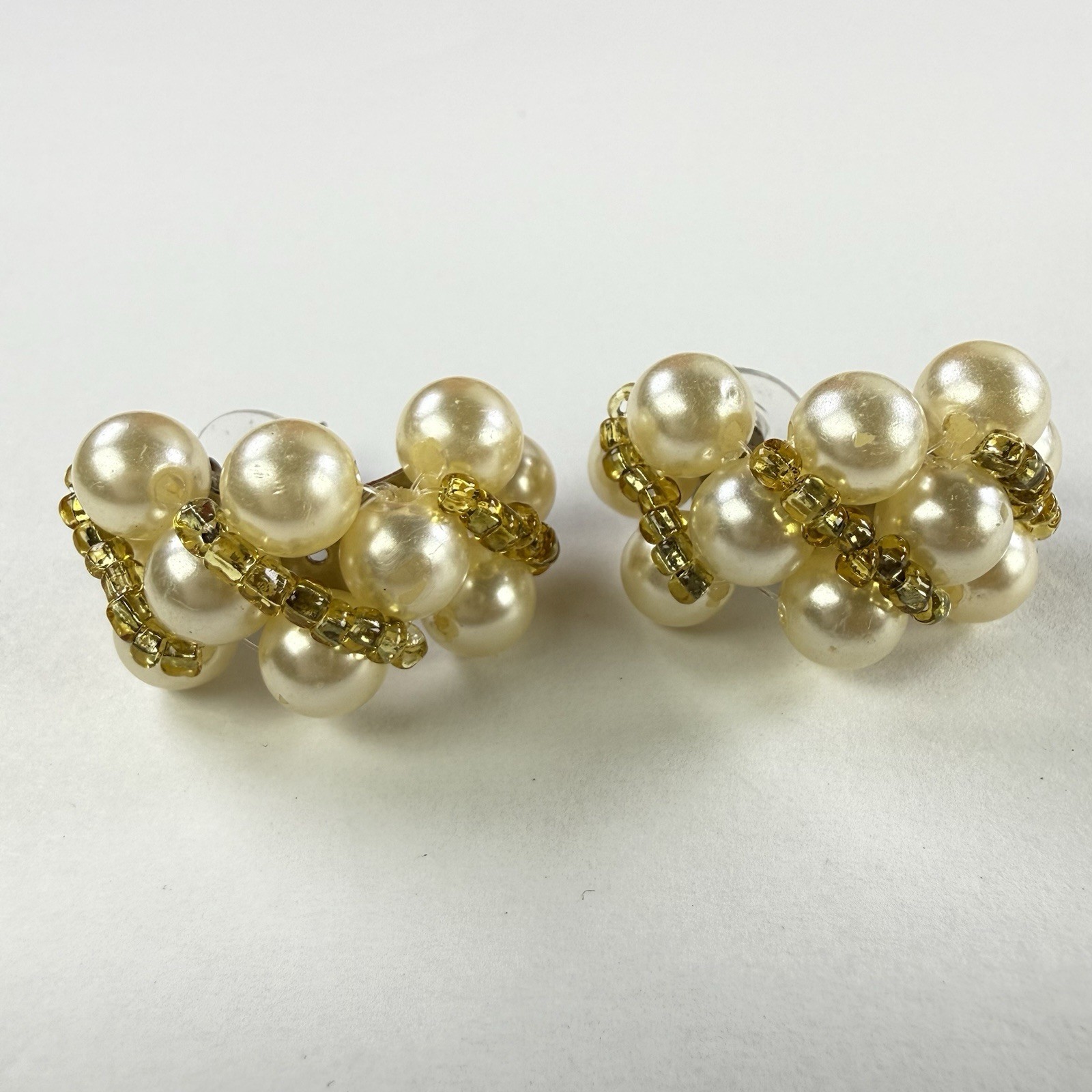 Vtg Faux Pearl Cluster Earrings Omega Back Post Ivory Gold Beaded Bridal
