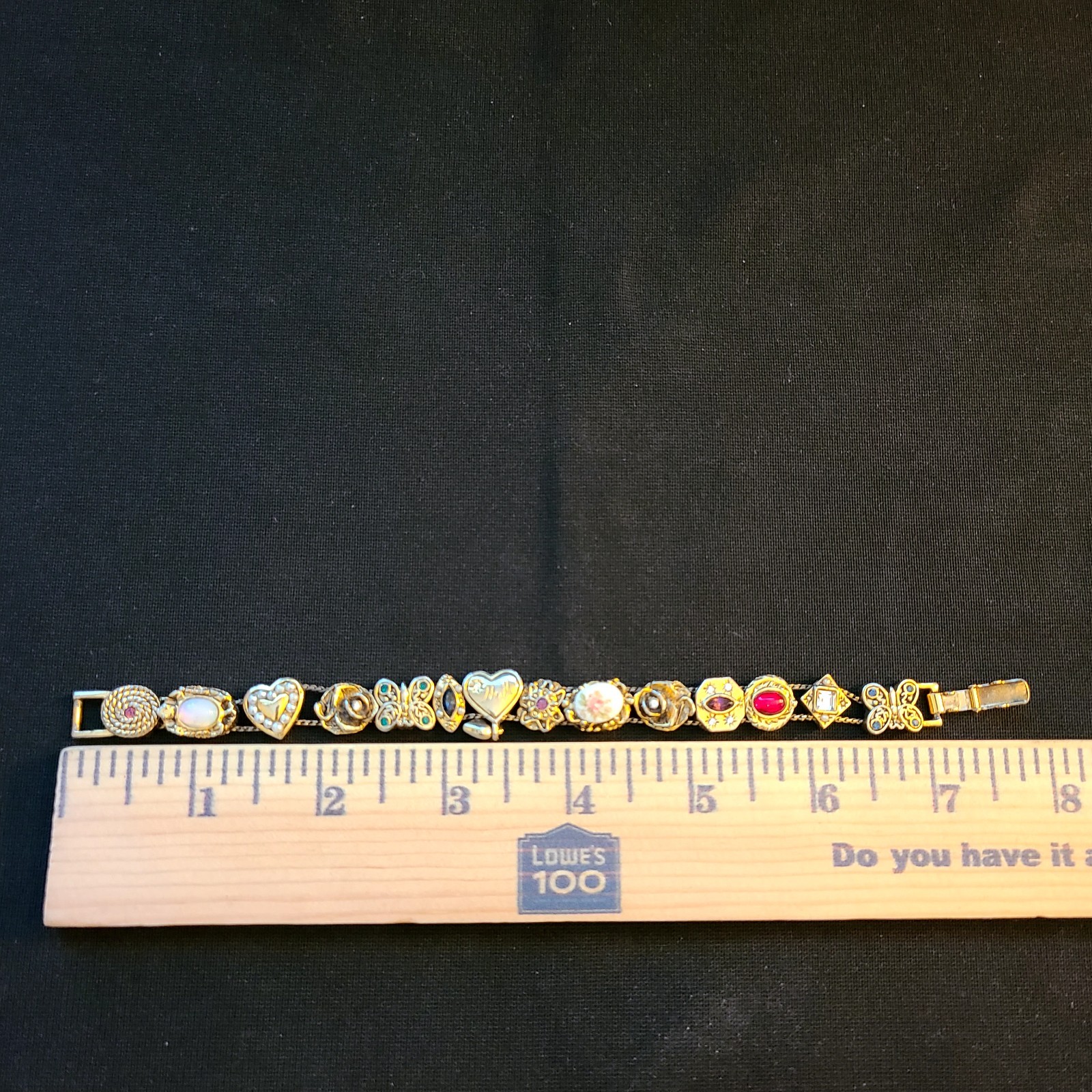 Vintage Victorian Gold Tone Slide Bracelet (14) Charms Mom Cameo Butterfly Heart