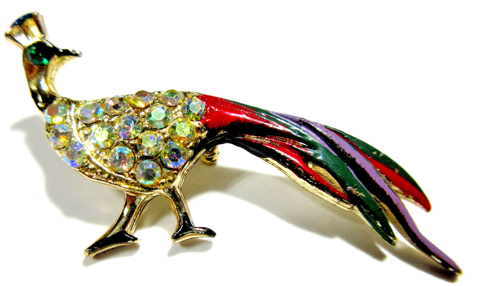 VTG PEACOCK AB RHINESTONE green red black purple enamel gold tone mtl Brooch Pin