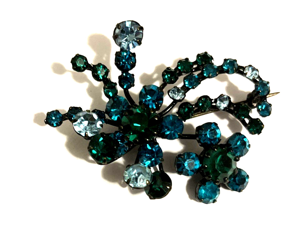 vintage austrian crystal Rhinestones brooch Teal & Light Blue Signed