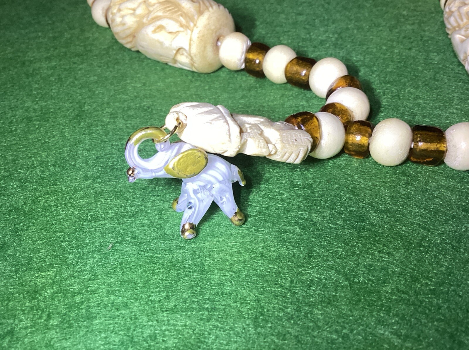 Vintage Elephant Theme Carved Bovine Bone & Amber Glass Beads 27” Necklace