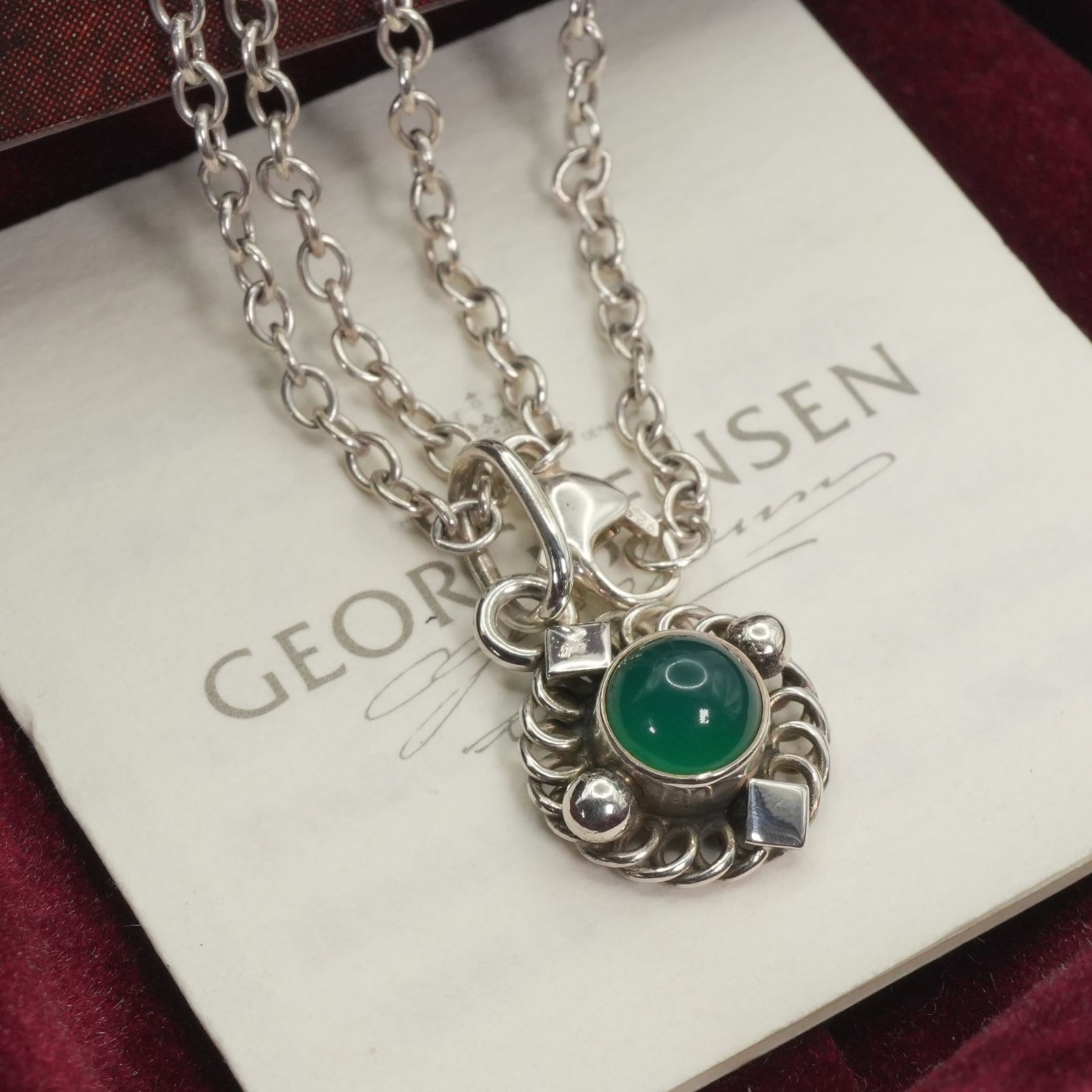 Georg Jensen No.38 Necklace Silver 925 Green Chalcedony Pendant Vintage Denmark