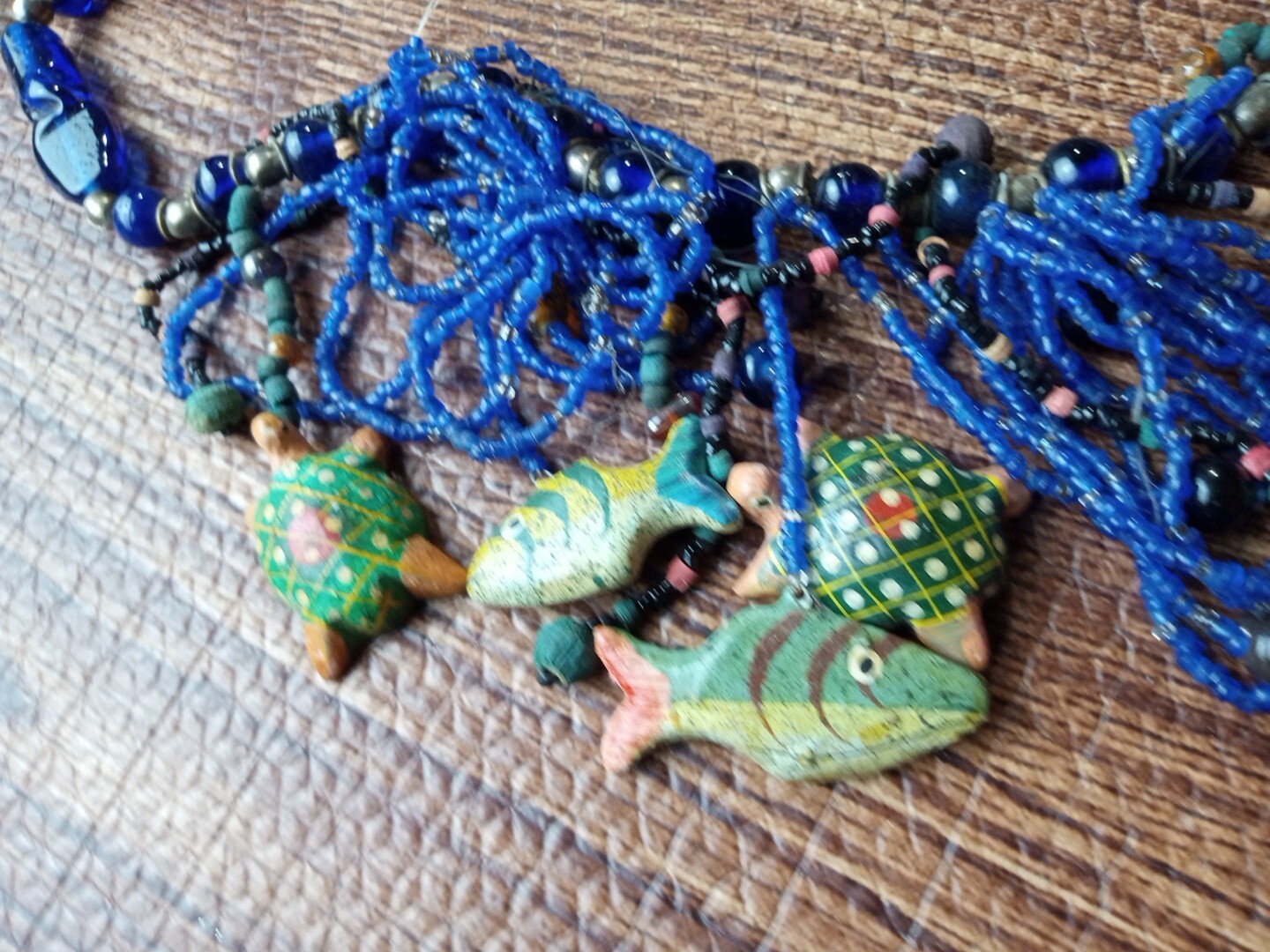Vtg Boho Necklace Hand Painted Fish Turtles Intricately Beaded Looped Dangles