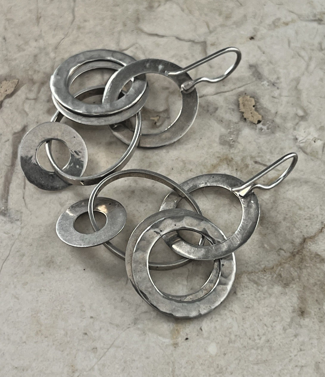 Vintage Sterling 9225 Multi Circle Hoop Dangle Drop Earrings 2 1/4″