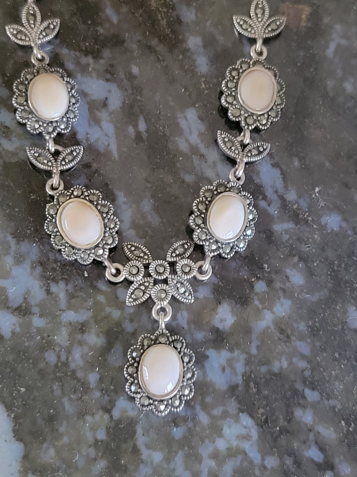 Edwardian/Victorian Style Sterling/Marcasite/ Angel Skin Coral Station Necklace