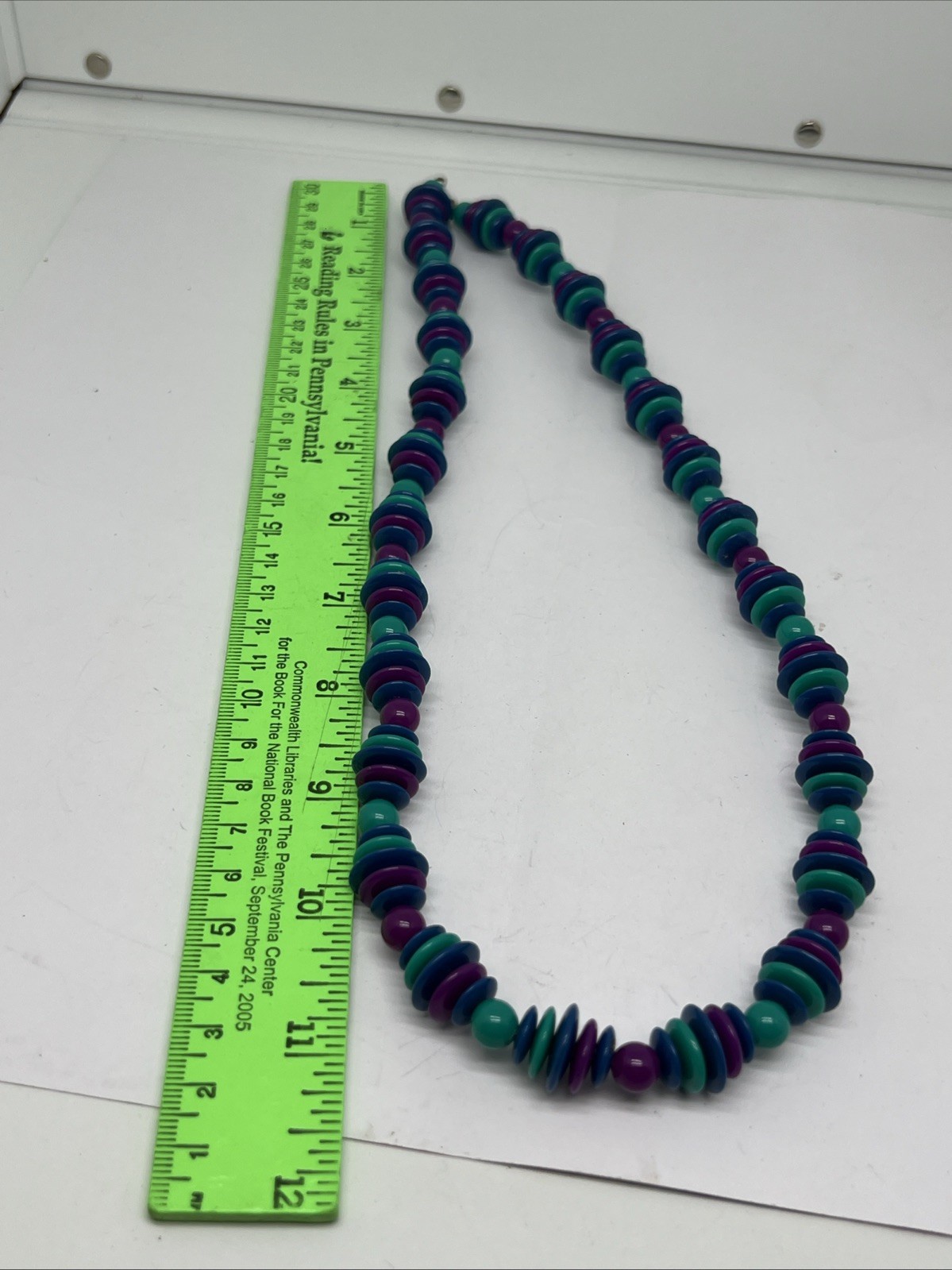 Vintage Multi-Color Disc Bead 24” Necklace Teal Purple Blue Bohemian Retro Style