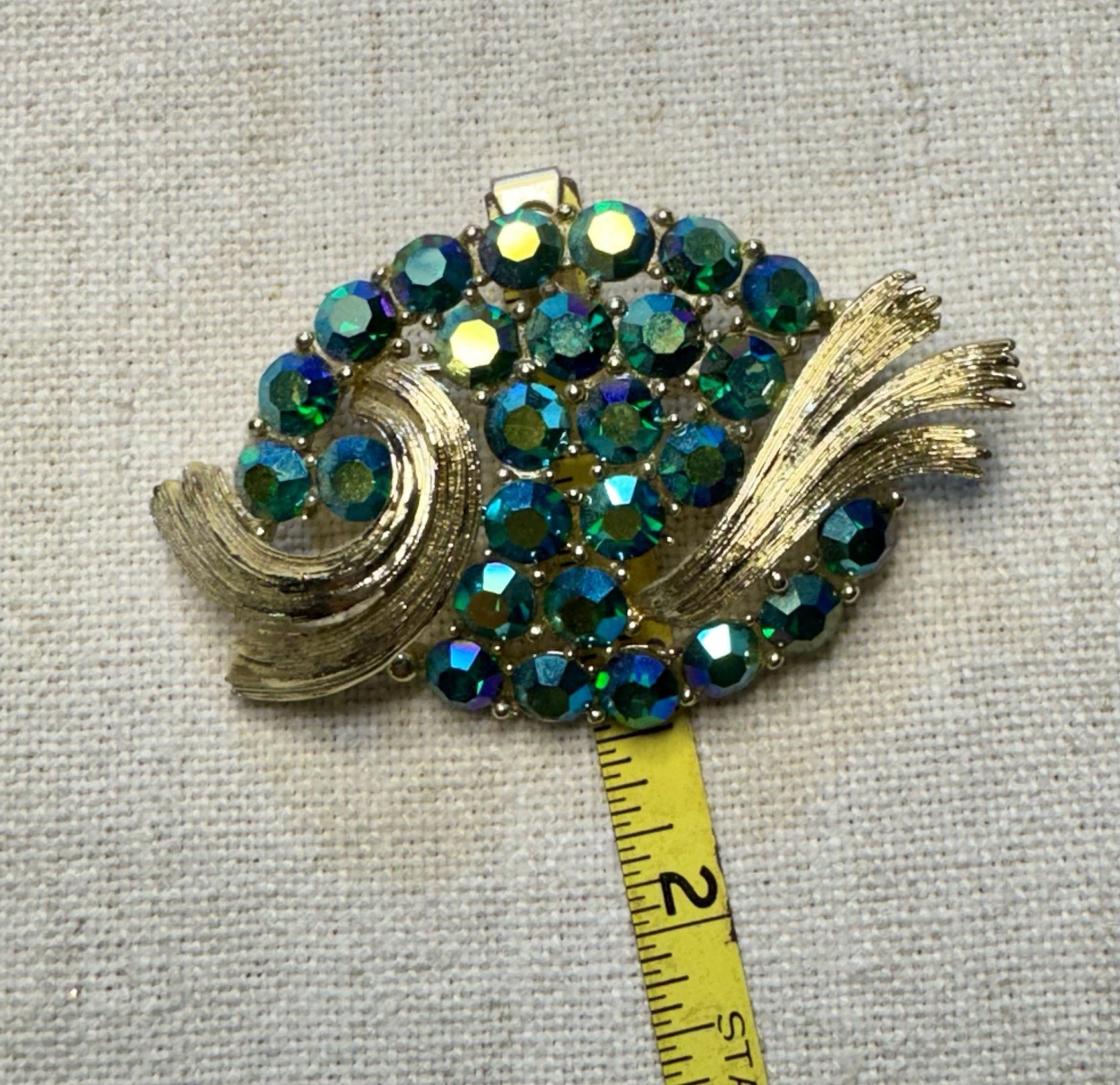 Vintage Signed Lisner Teal Blue AB Gold Tone Swishes Brooch Rare Beauty!