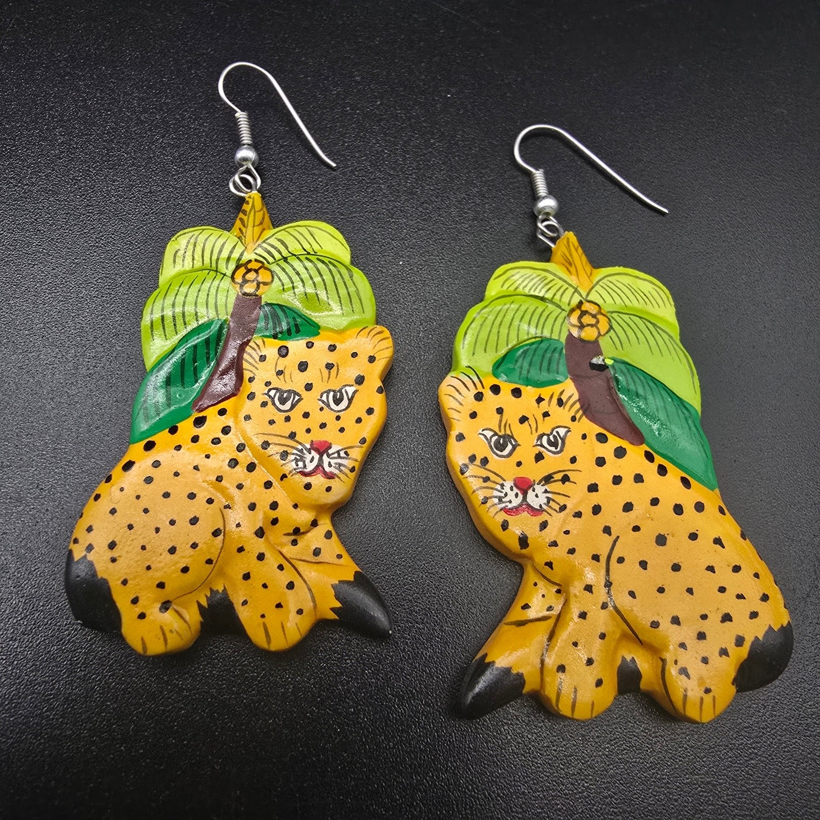 Hand Painted Wood Leopard Cheetah Earrings Safari Vintage 1980s