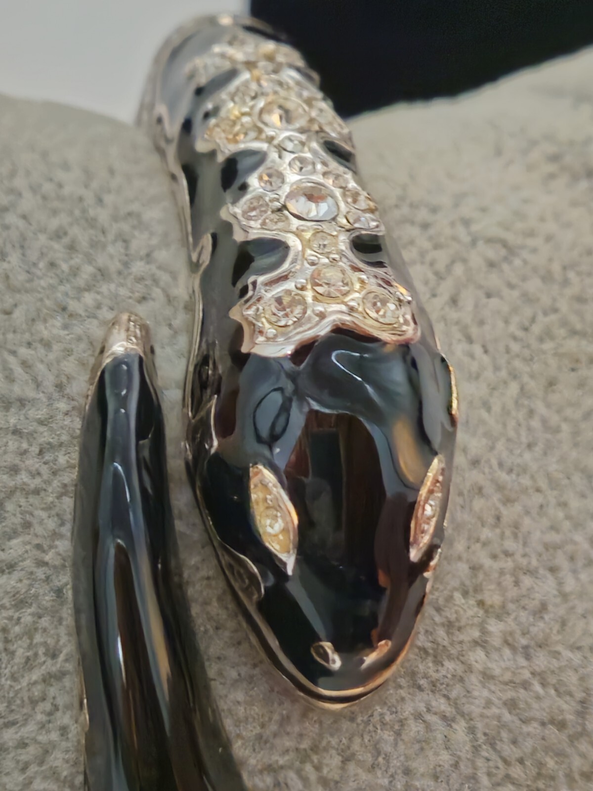 Estate Vintage Silver Finish Snake Clamper Bracelet With Black Enamel