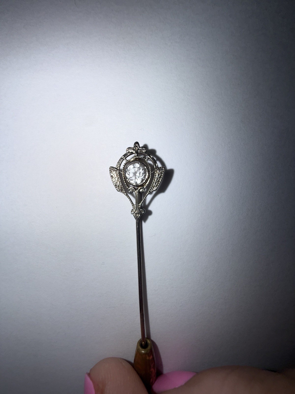 Antique Edwardian 10K Solid White Gold Colorless Topaz Stickpin