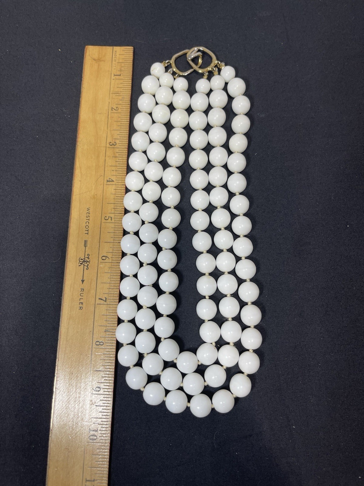 Vintage Les Bernard 3 Strand Hand Knot White Milk Glass Beaded Choker Necklace