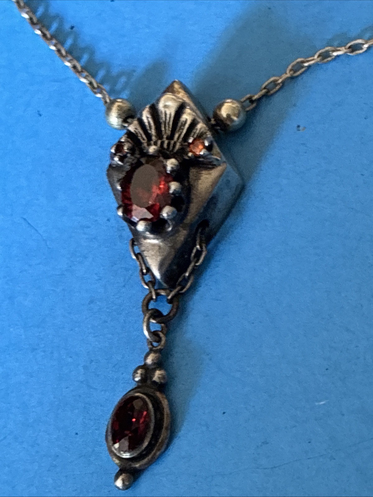 Antique Art Deco Sterling Silver Lavalier Red Garnet Pendant Necklace 17”
