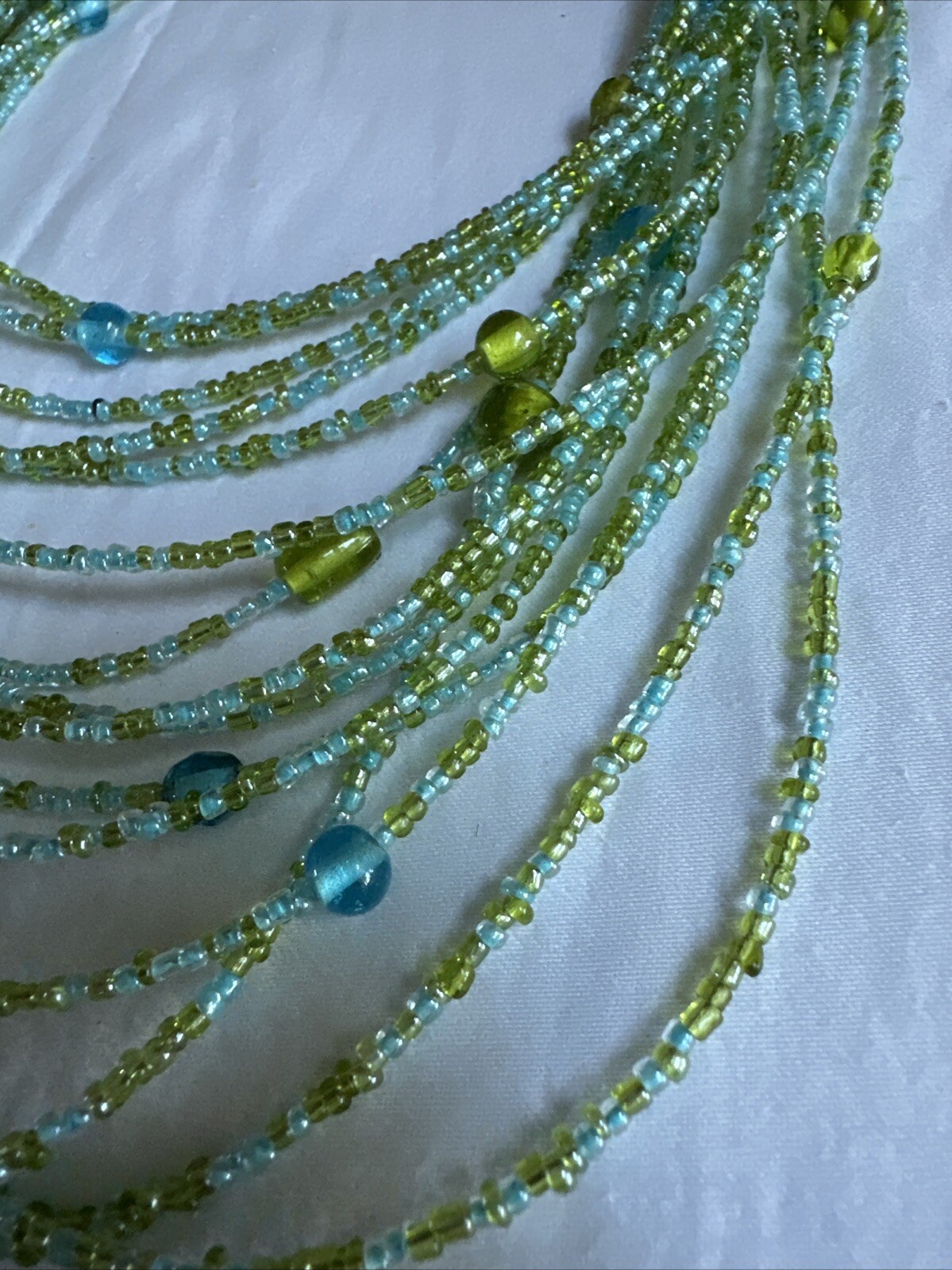 Vintage Seed Bead Multi Strand Wrap Statement Necklace Green, Blue, 22
