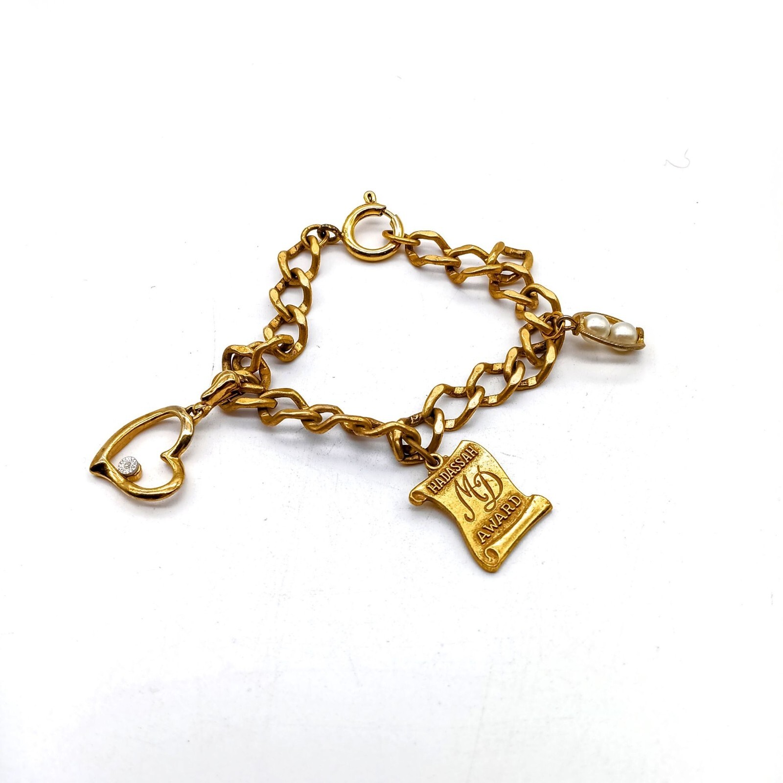 Vintage Starter Charm Bracelet, Gold Tone Curb Links Bangle with 3 Charms, Avon