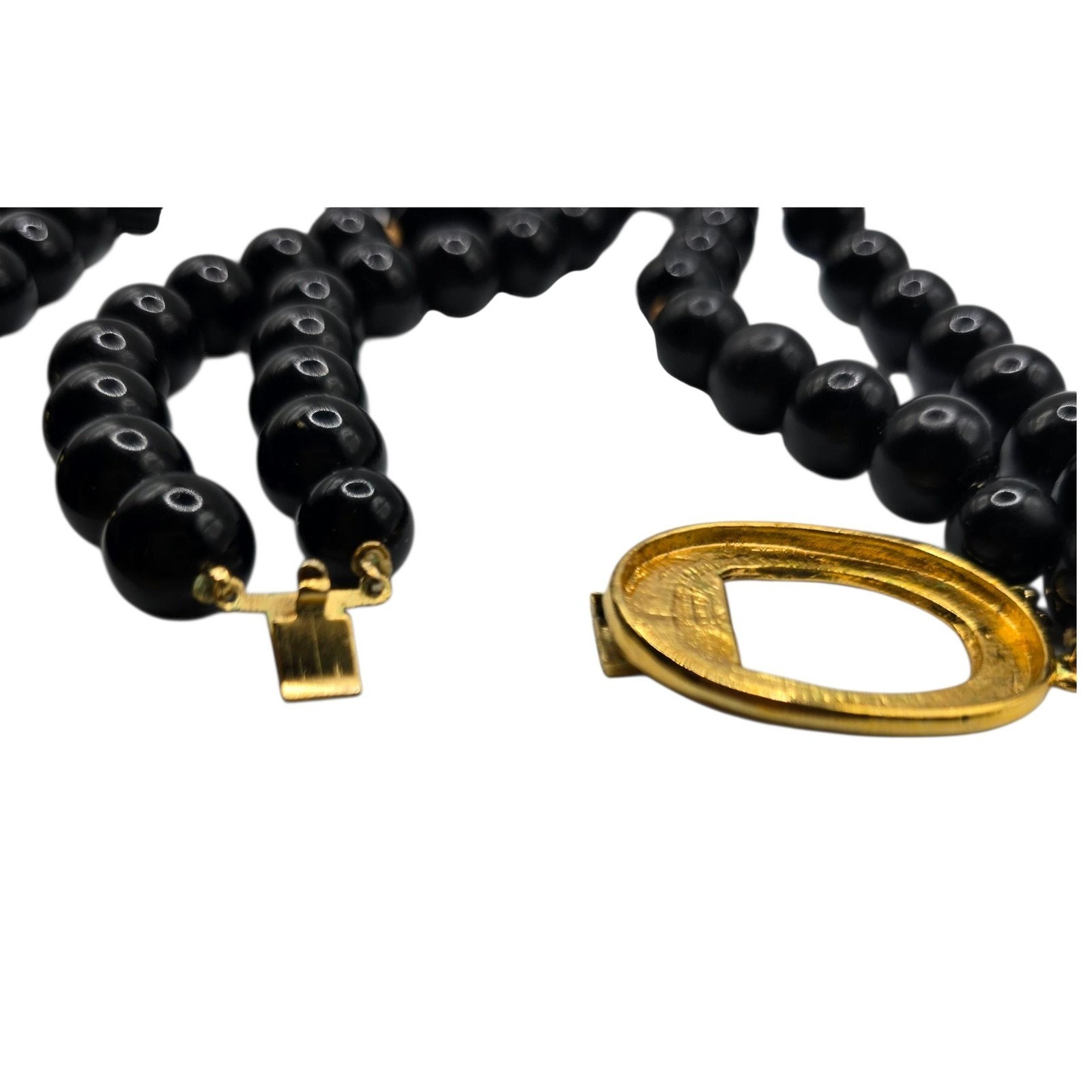 Vintage Necklace Black Beaded Gold Tone Clasp Double Strand 26″ SKU2510