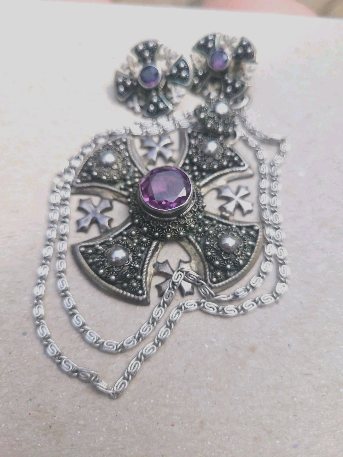 Sterling Silver 950 Jerusalem Maltese Cross Pendant Amethyst W/Earrings