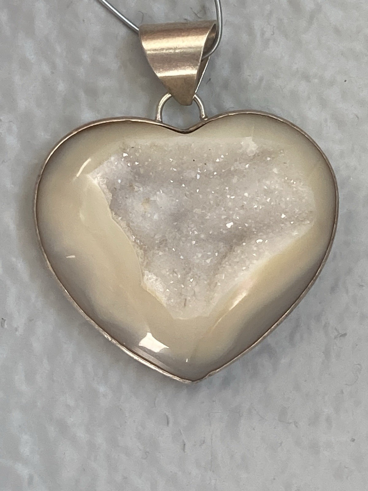 Druzy Pendant Sterling Signed Fifirose 925 Necklace Quartz Heavy Big bail Heart