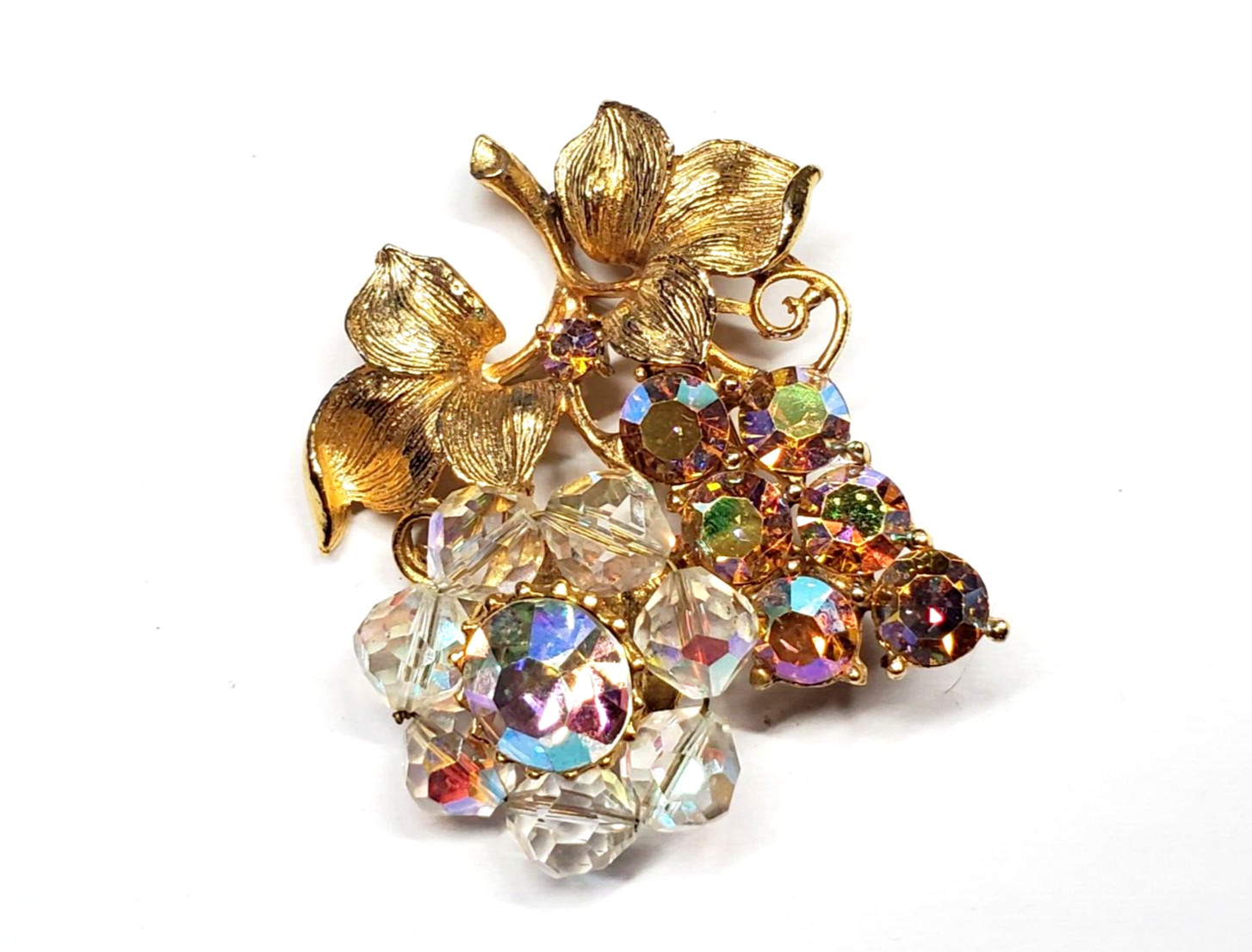 Vintage High End Aurora Borealis Rhinestone Bead Brooch Grape Cluster Leaves
