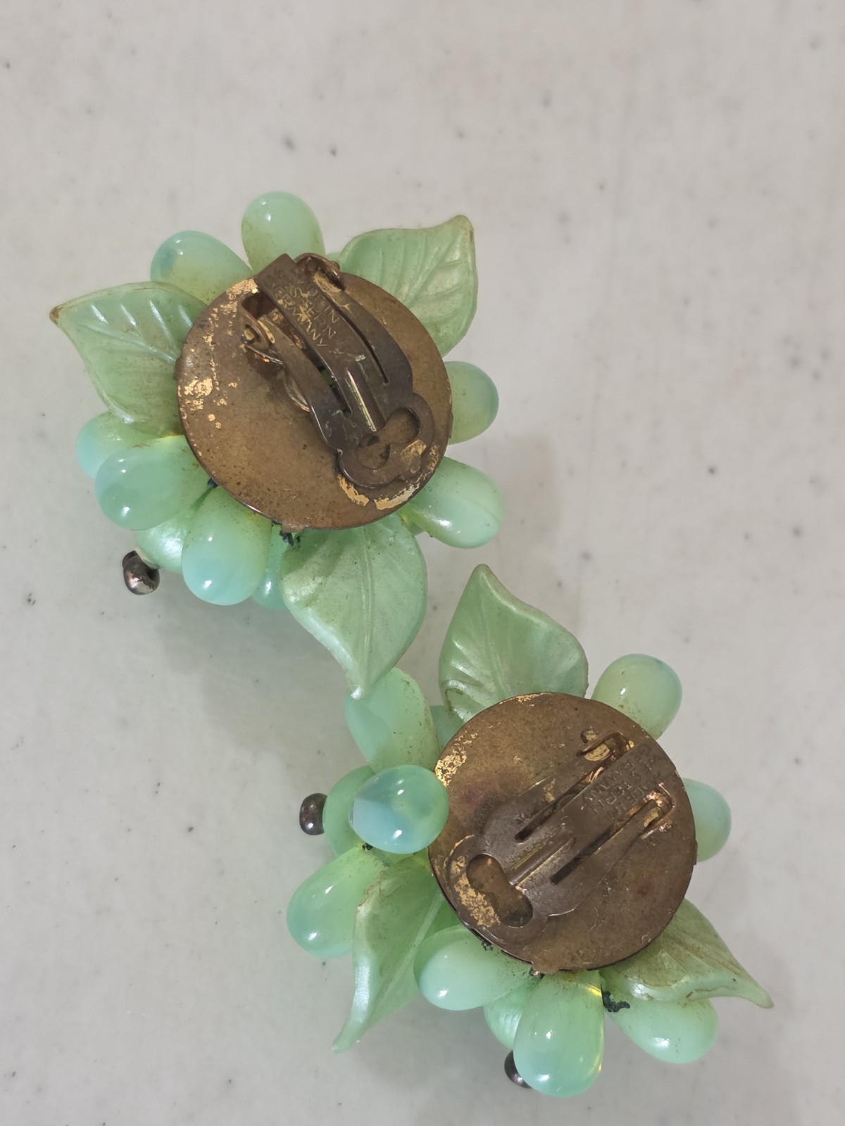 Vintage green flourite Clip Earrings Grape Clusters Antique