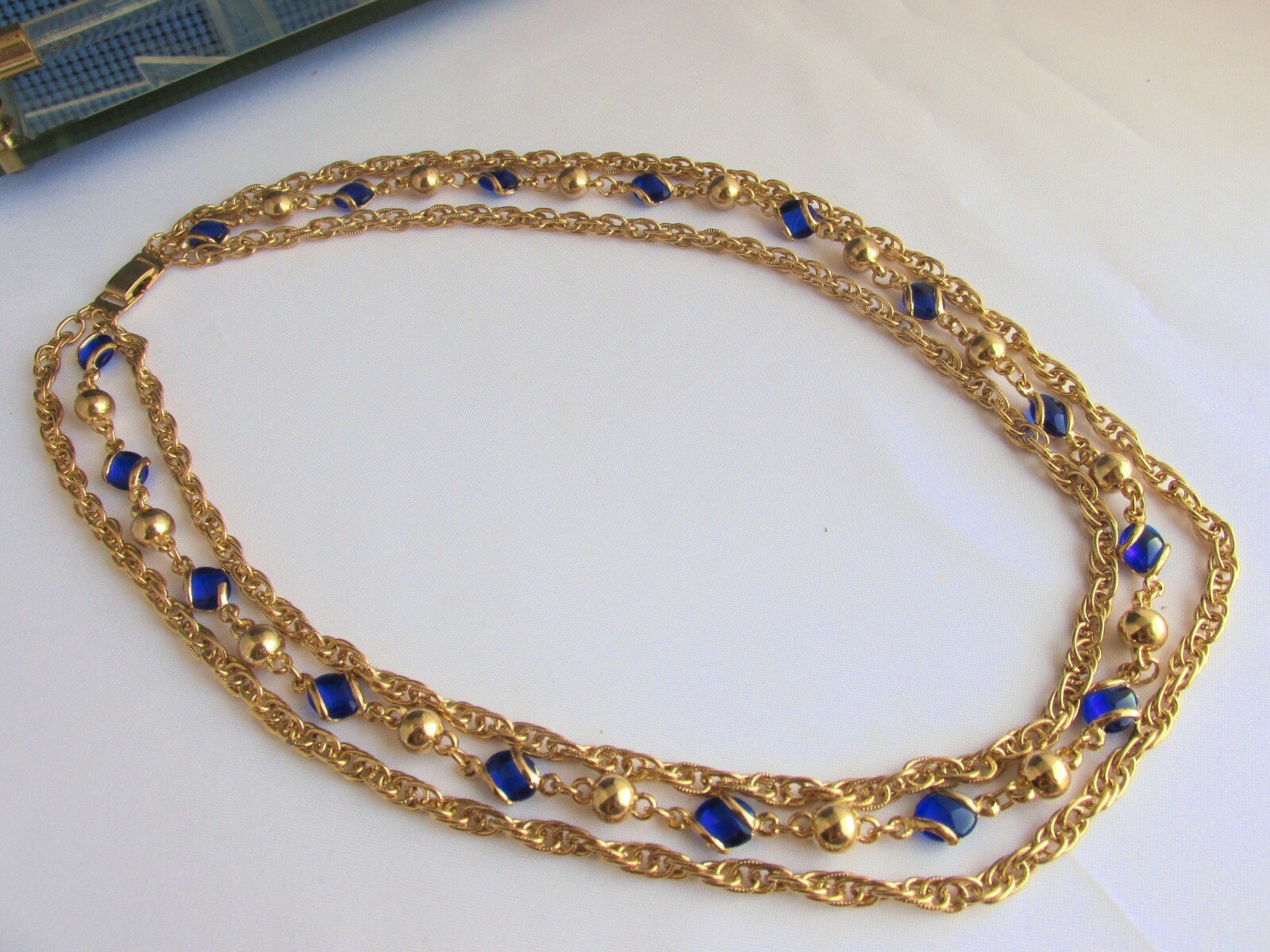 Vintage Electric Blue Glass & Metal Bead Necklace 3 Rows Gold Plate