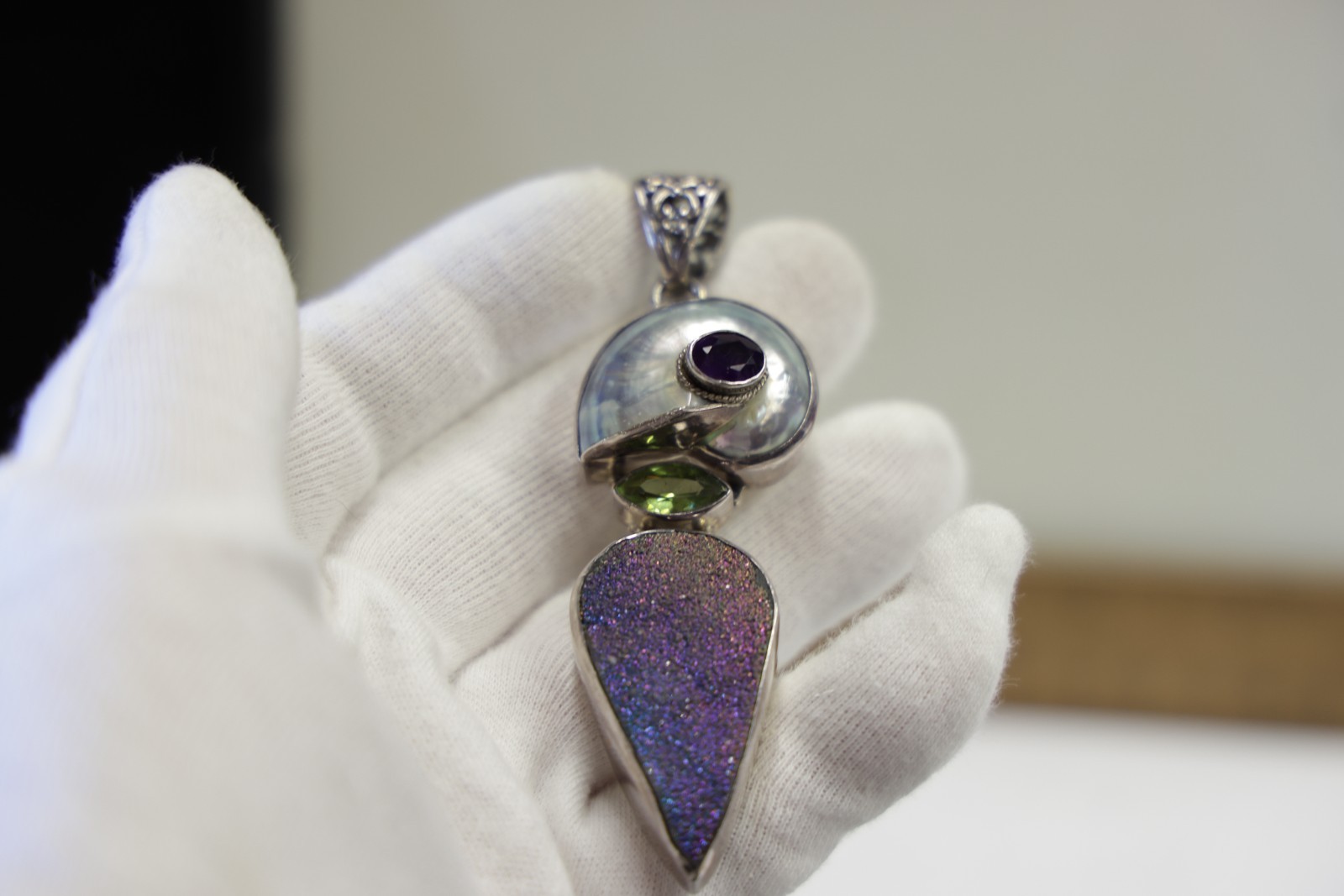 Vintage Sterling Multi Stone Designer Style Pendant 39.8 Grams