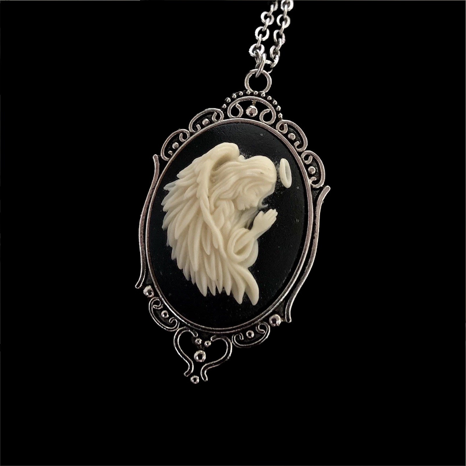 Vintage Praying Guardian Angel Cameo Pendant Necklace, Antique Silver plated