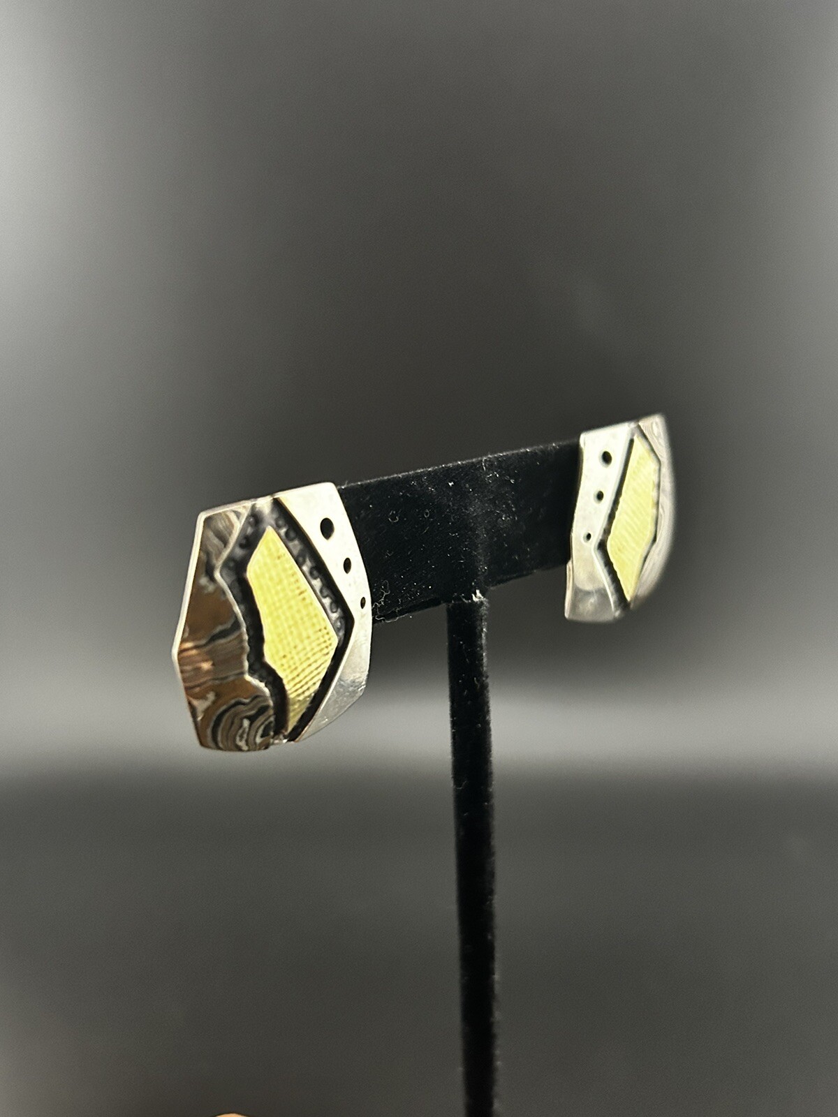 Vintage Sterling Designer Signed Geometric Mixed Metal Textured Accent Earrings
